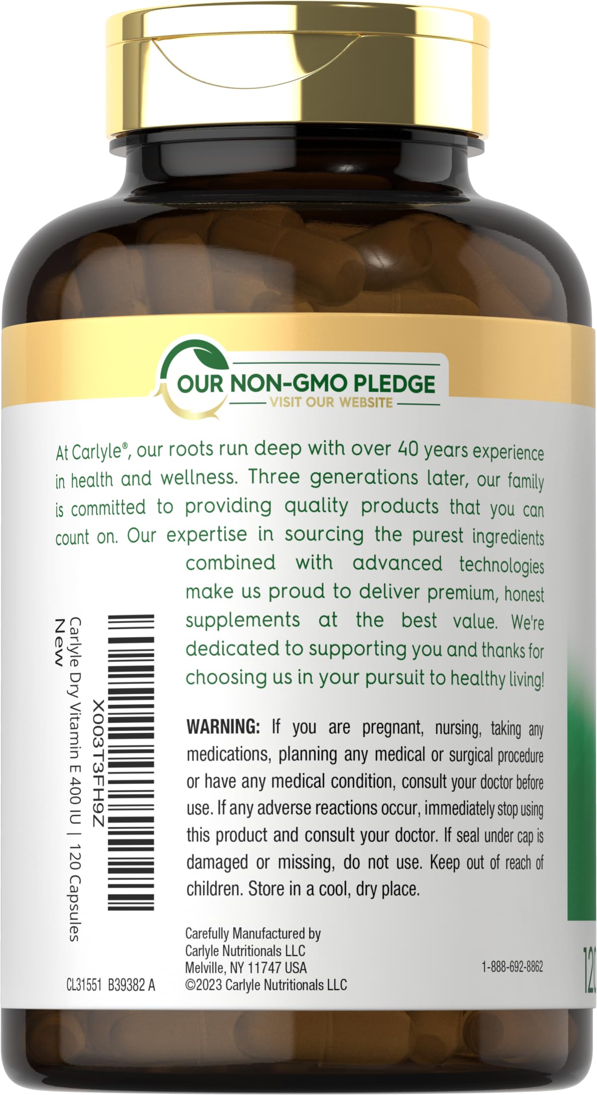 Carlyle Vitamin E bottle with label details