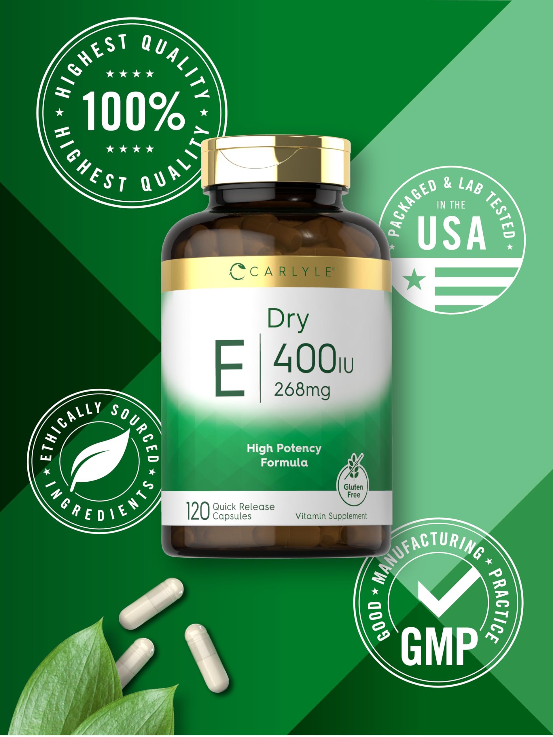 Carlyle Vitamin E capsules pouring from bottle