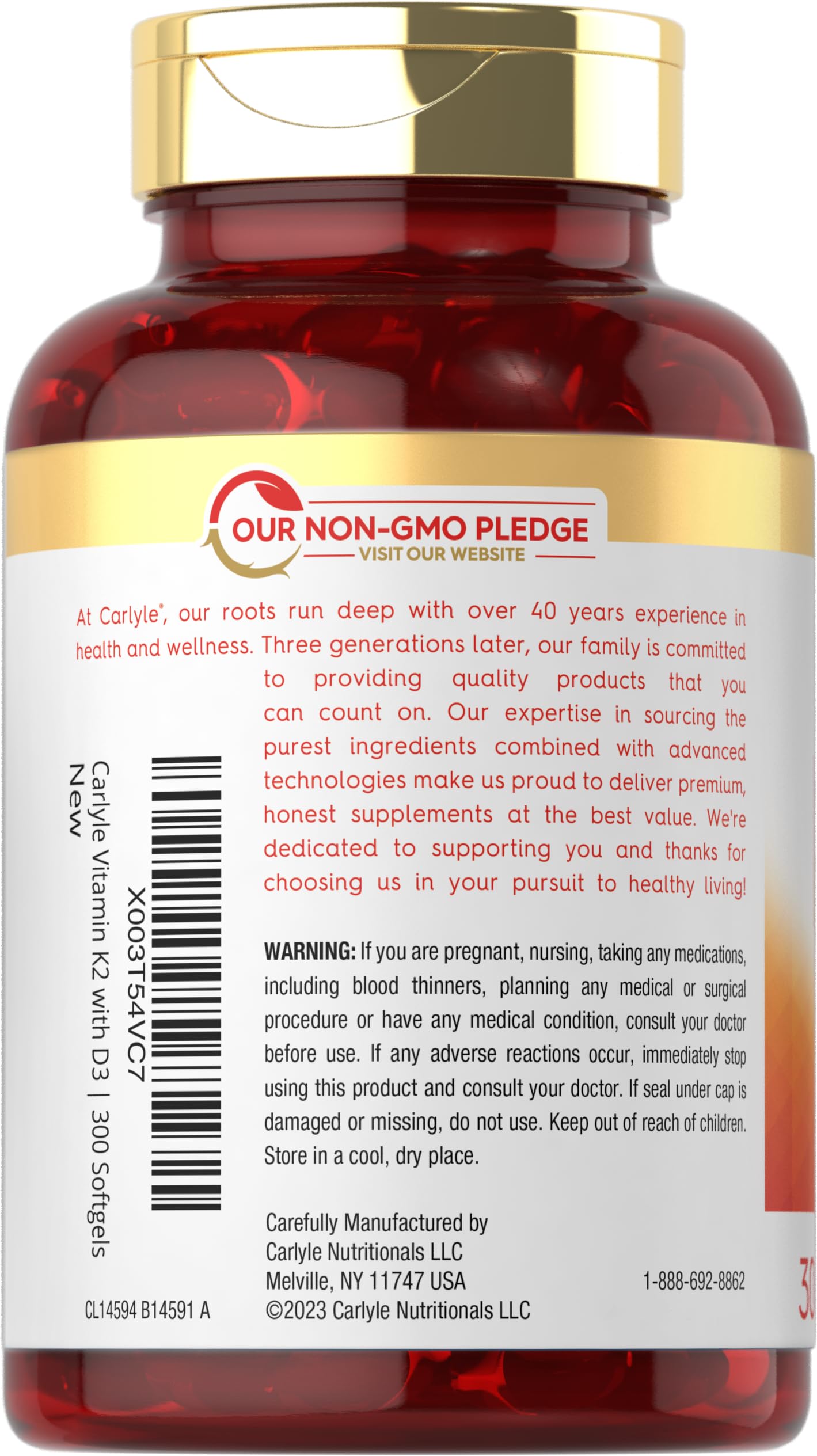 Carlyle Vitamin K2 + D3 Softgels back view with ingredient list