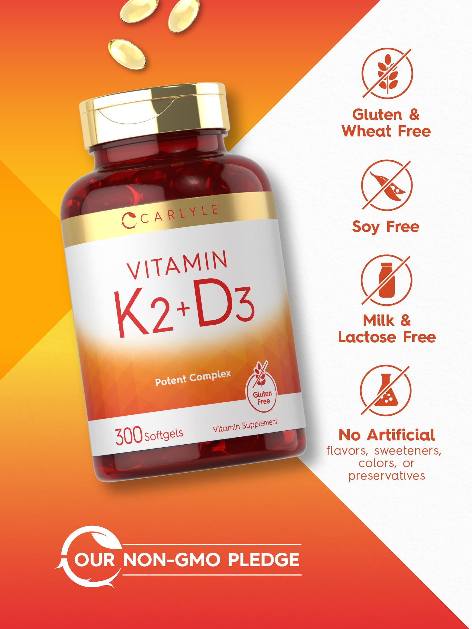 Carlyle Vitamin K2 + D3 Softgels displayed on a wooden surface