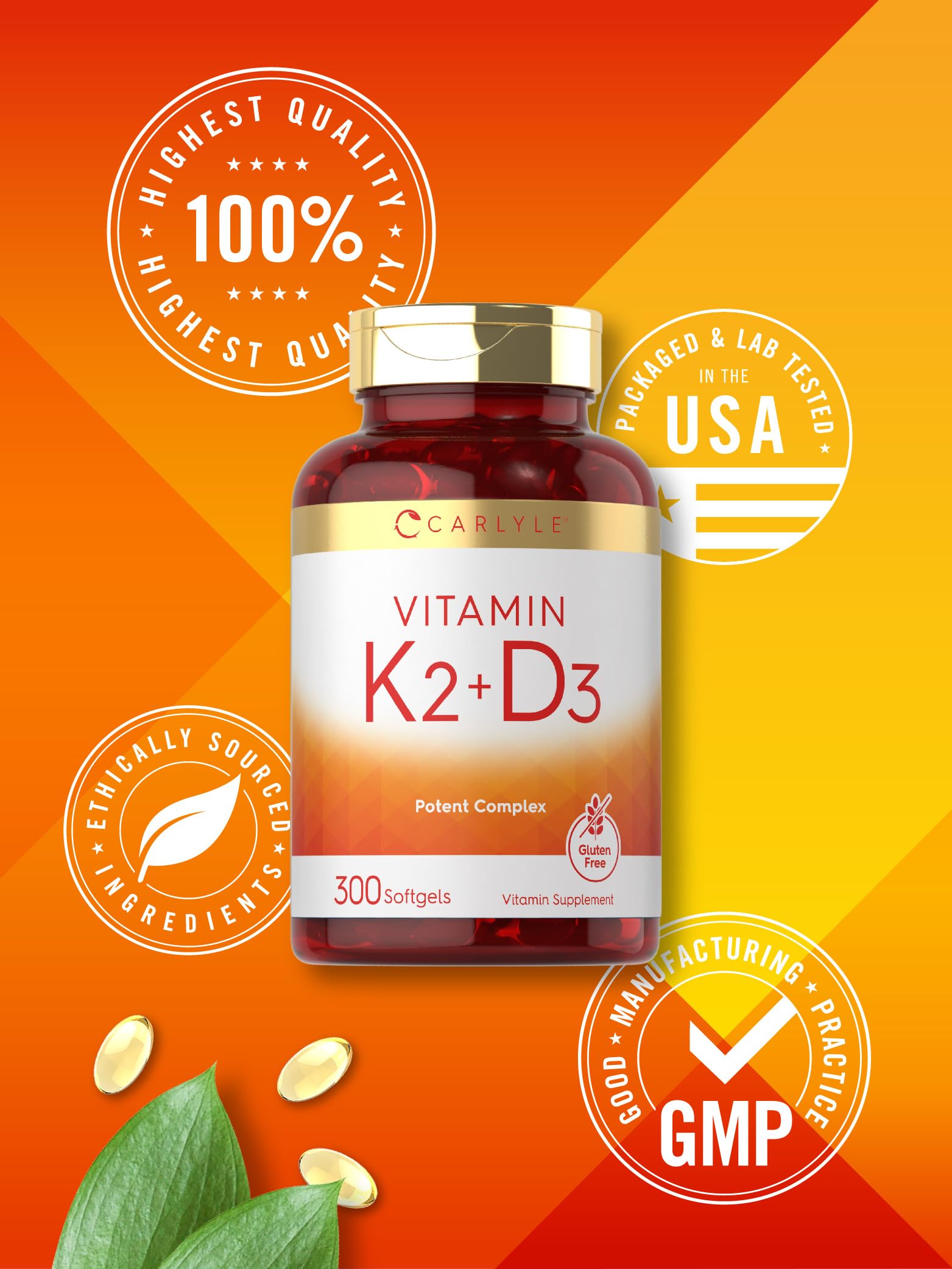 Carlyle Vitamin K2 + D3 Softgels with a measuring spoon