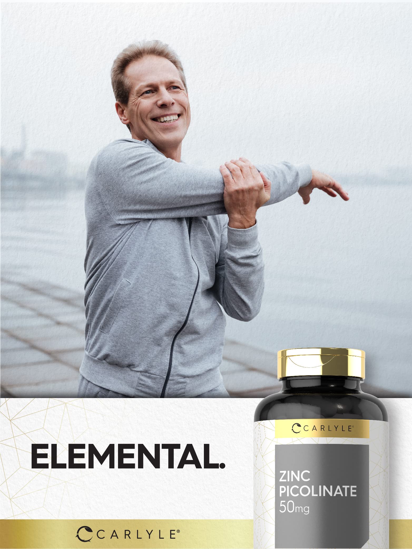 Carlyle Zinc Picolinate 50mg capsules on a wooden table