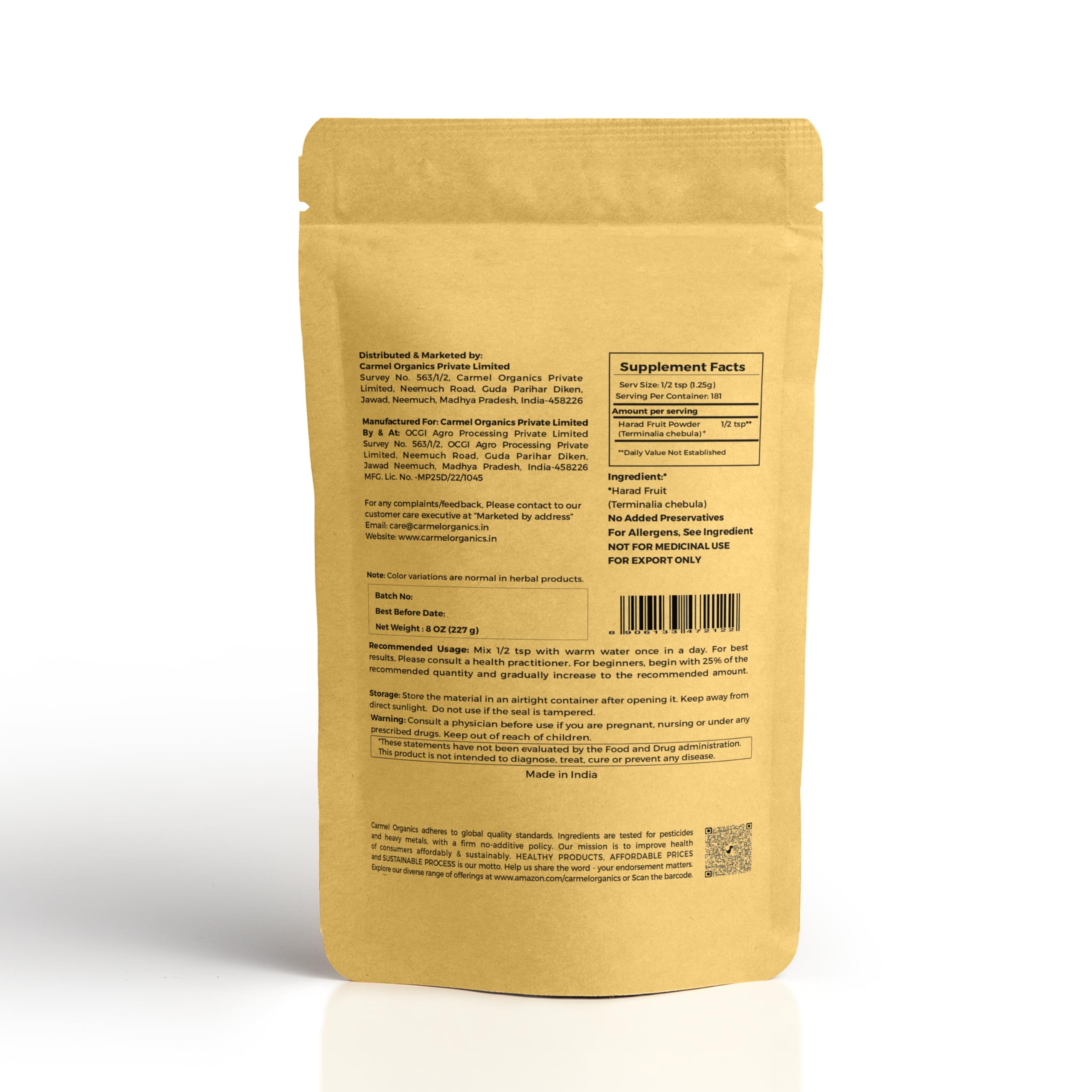 CARMEL ORGANICS Haritaki Powder packaging side view