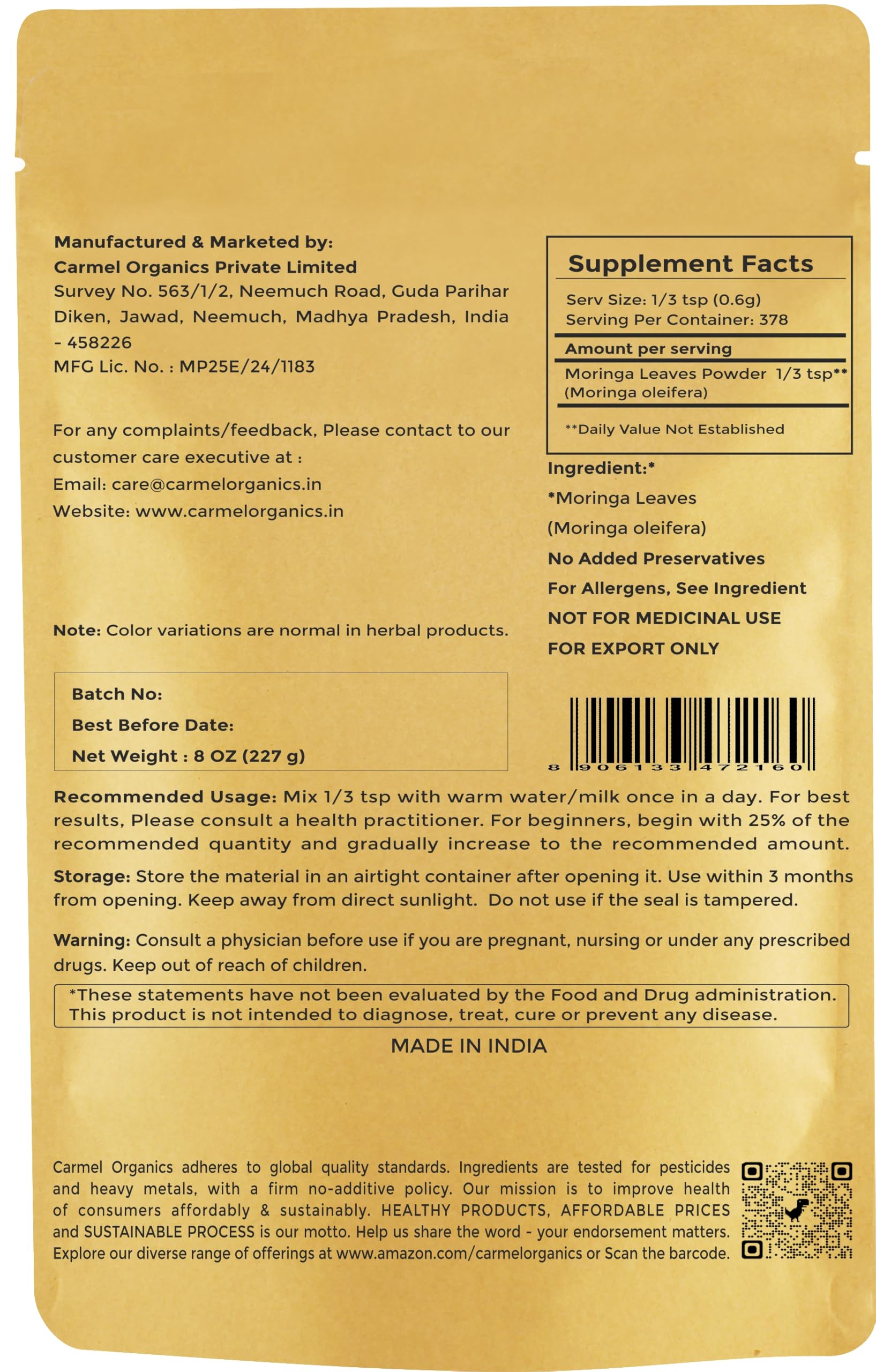 CARMEL ORGANICS Moringa Leaves Powder 249g packaging details
