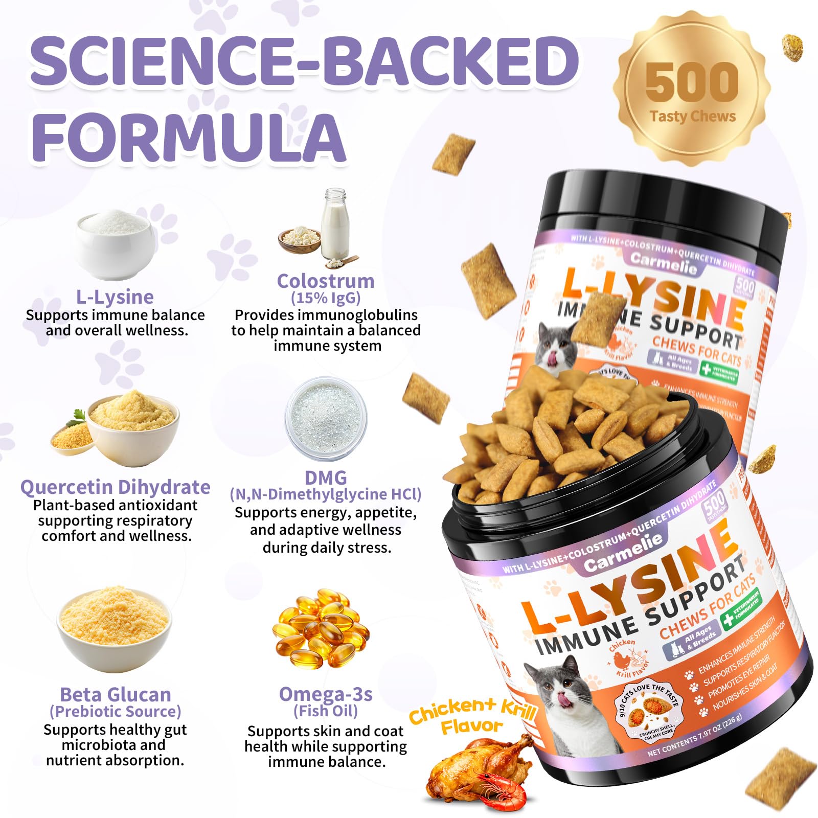 Carmelie L-Lysine Cat Supplements chews in a bowl