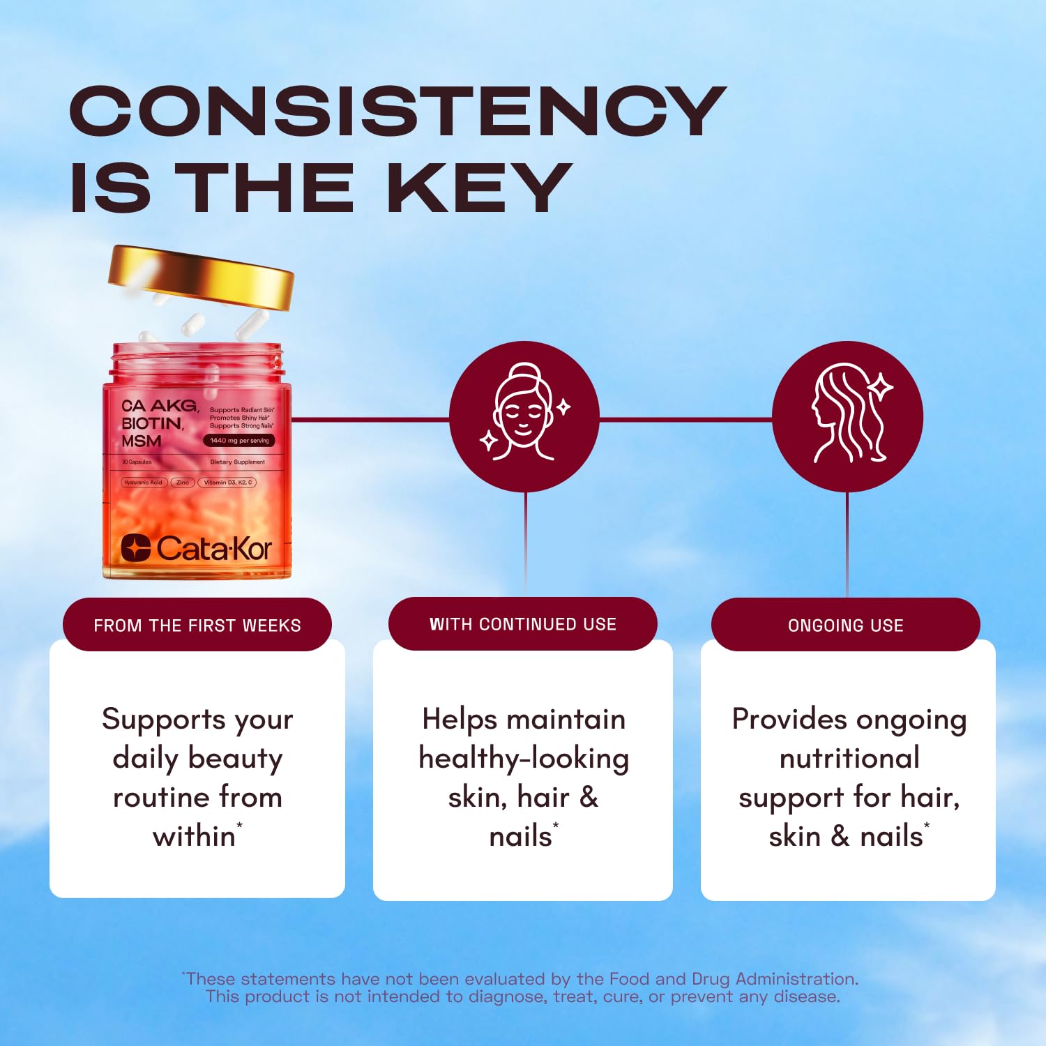 Cata-Kor Hair Skin & Nails Vitamins with Biotin capsules in hand
