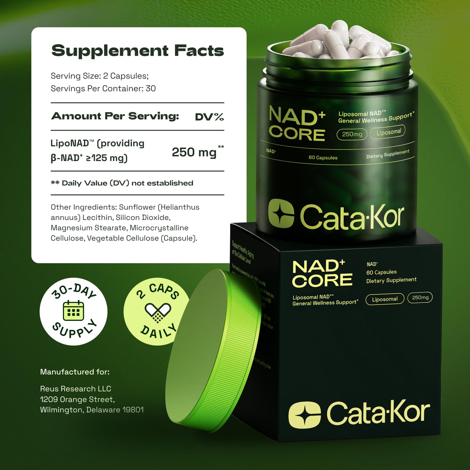 Cata-Kor Liposomal NAD+ Supplement 250mg with a glass of water