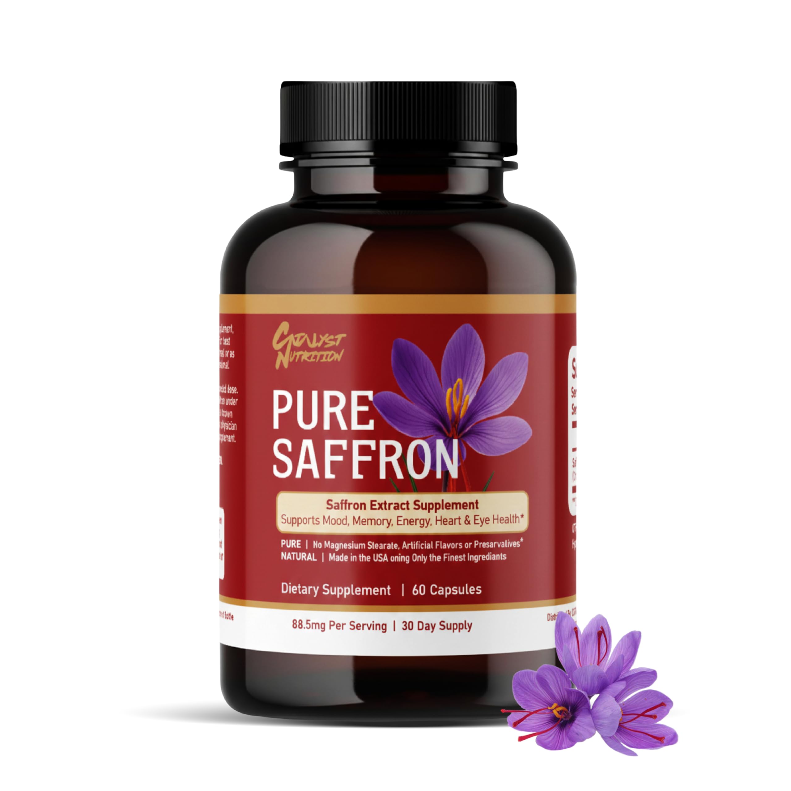 Catalyst Nutrition Saffron Extract bottle front view with 60 veggie capsules