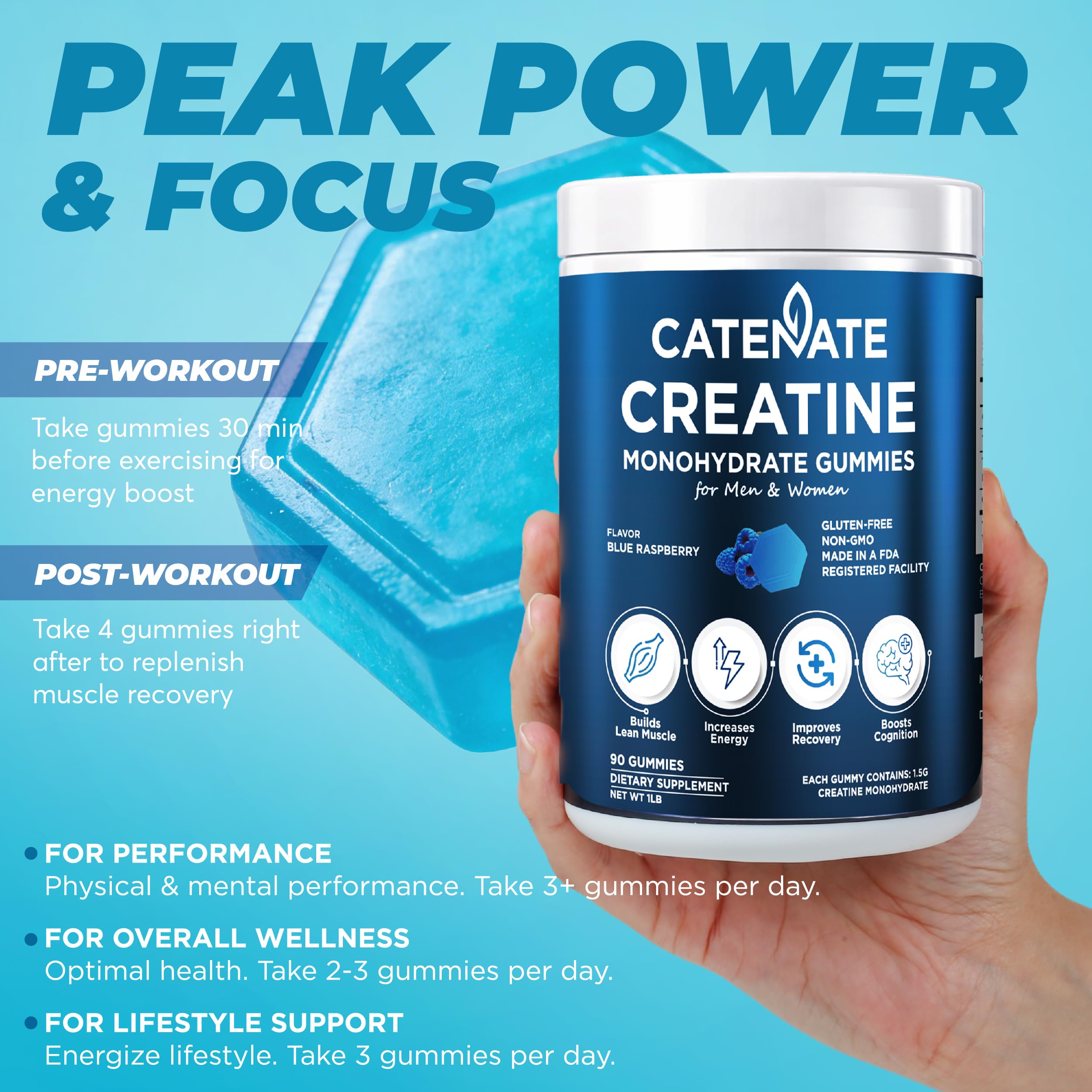 CATENATE Creatine Gummies with a measuring tape and weights