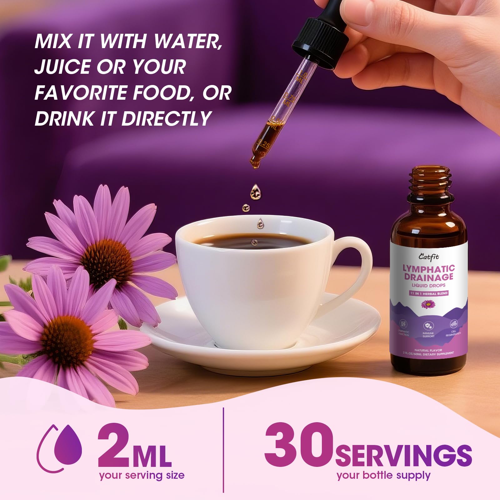 Catfit Lymphatic Drainage Drops on a wooden table