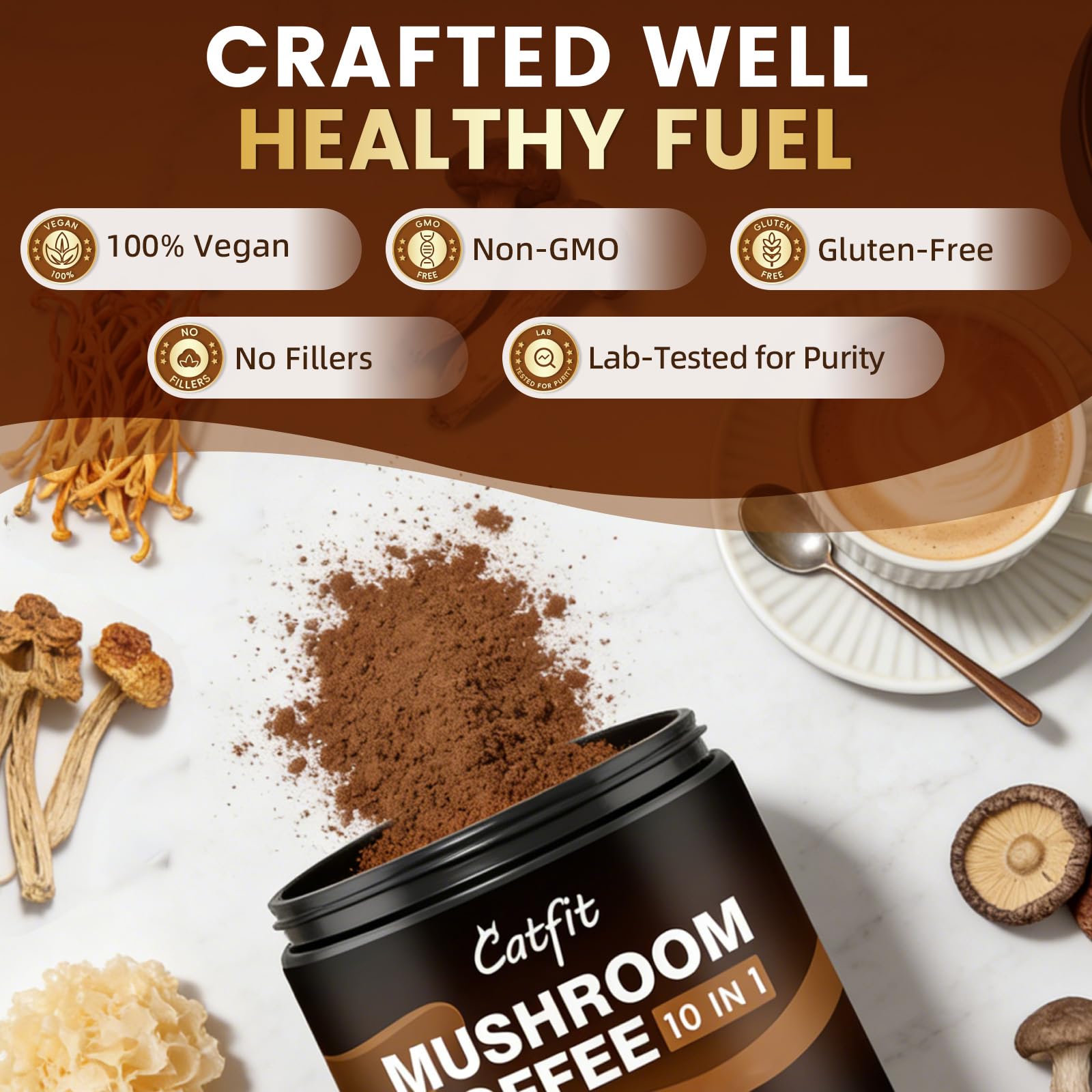Catfit Mushroom Coffee Blend 2000mg instant powder in a cup