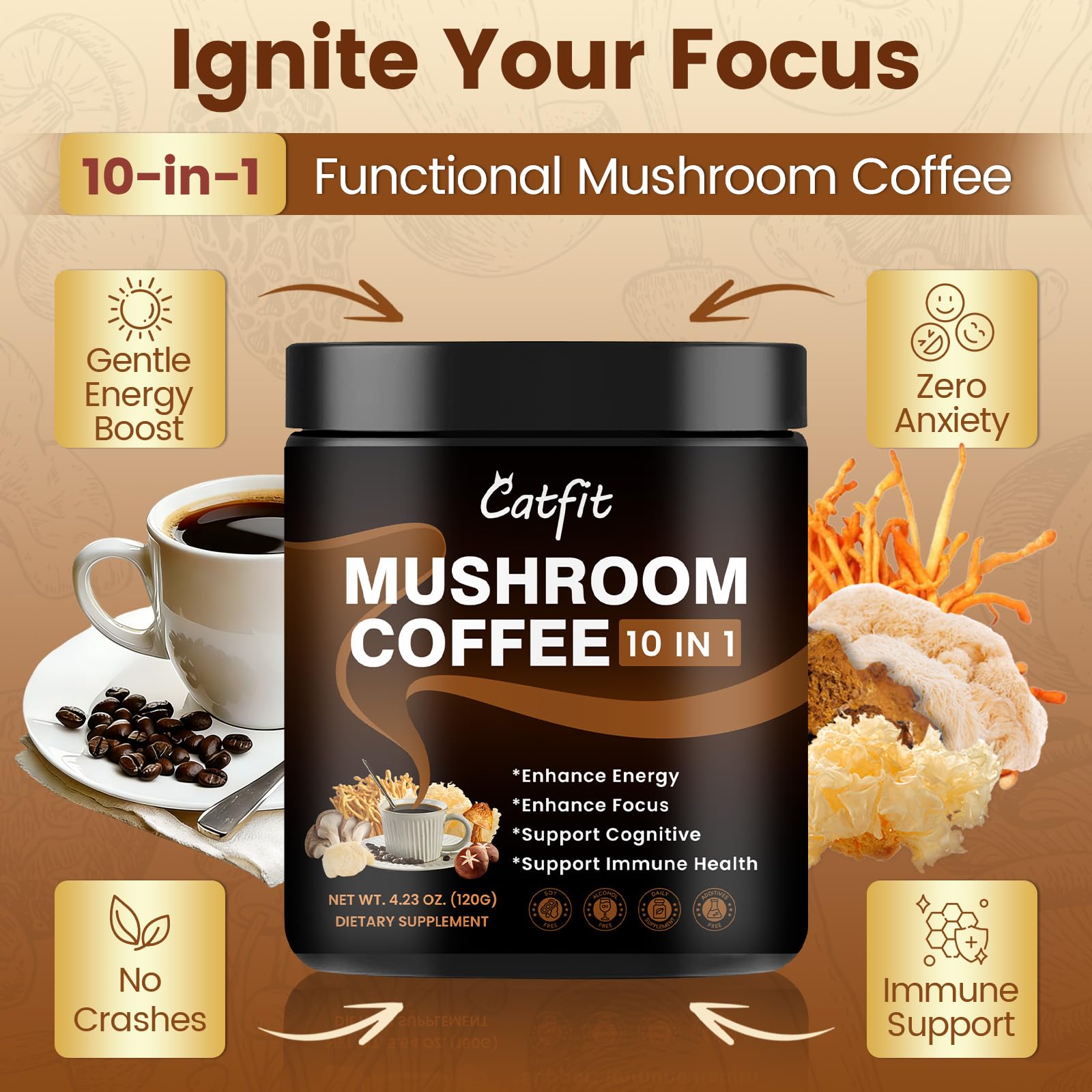 Catfit Mushroom Coffee Blend 2000mg scoop and powder