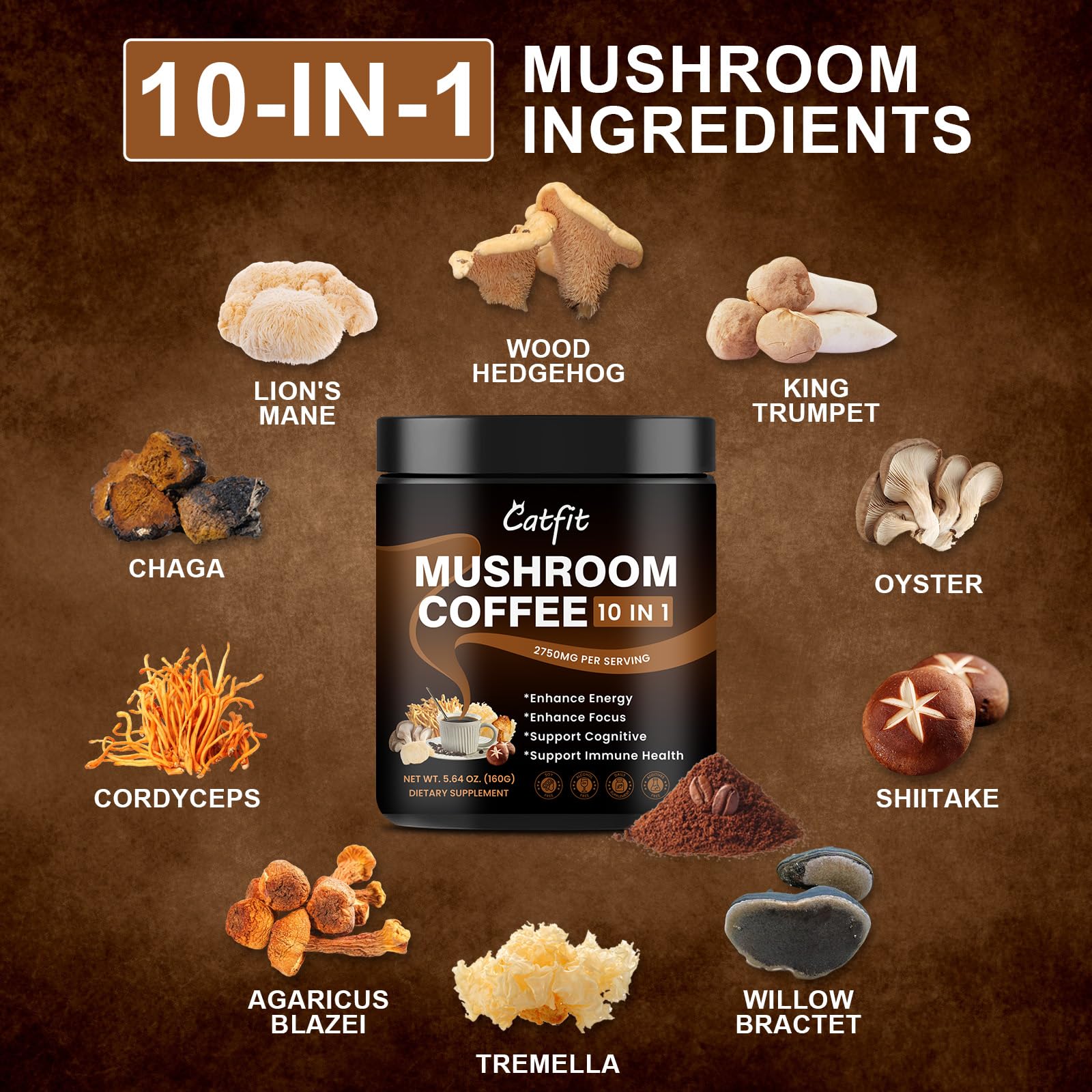 Catfit Mushroom Coffee powder in a cup