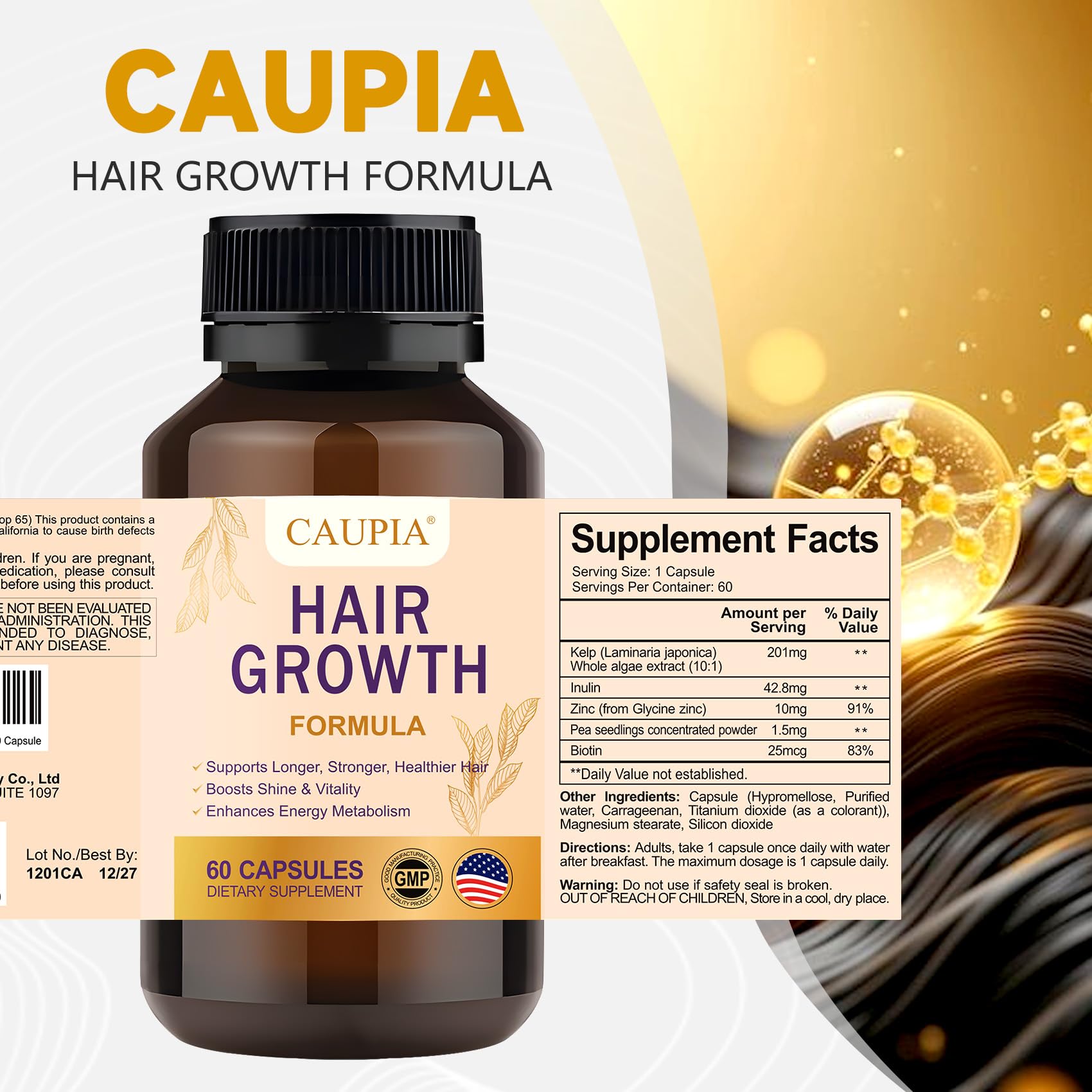 CAUPIA Hair Growth Capsules on a wooden table