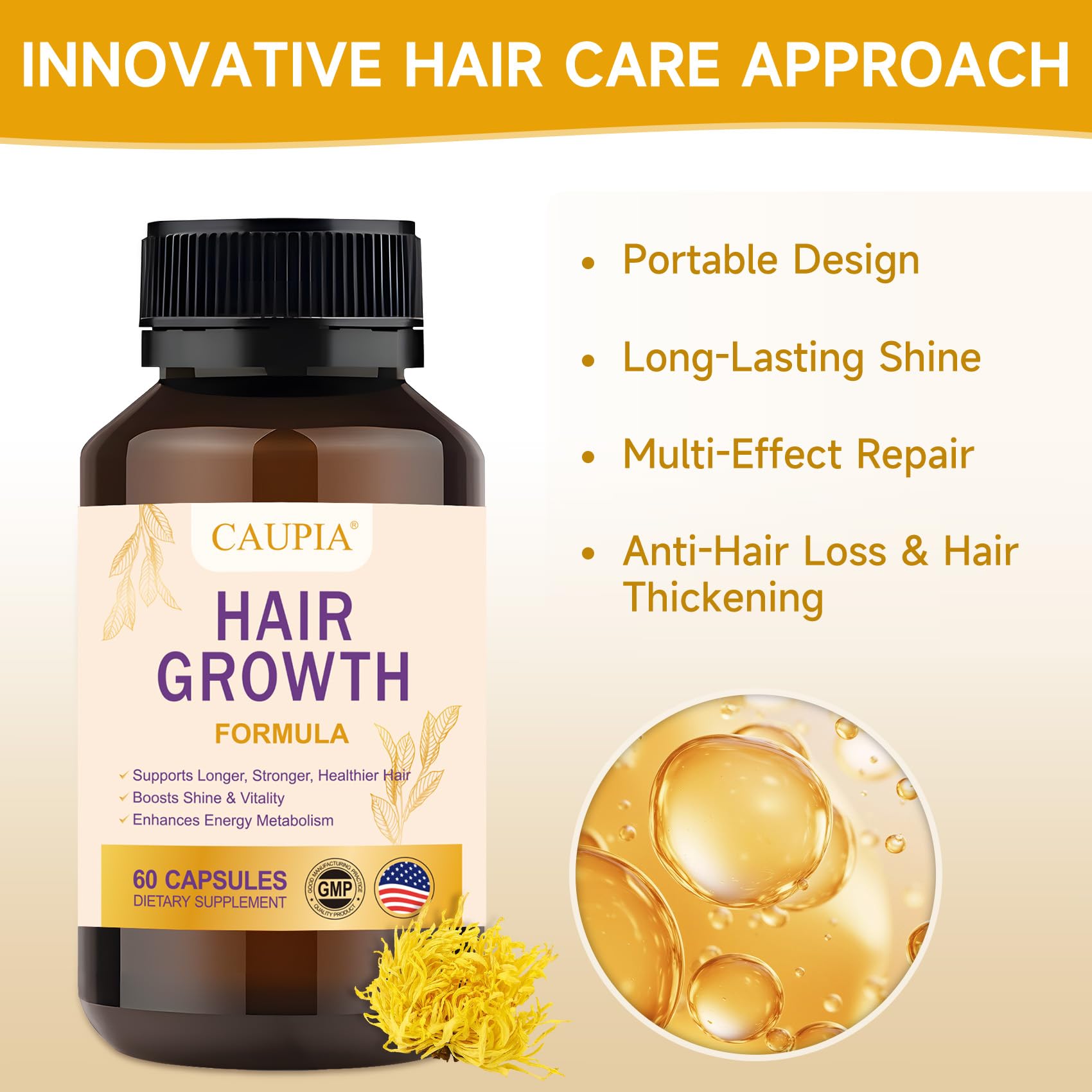 CAUPIA Hair Growth Capsules with a hand holding the bottle