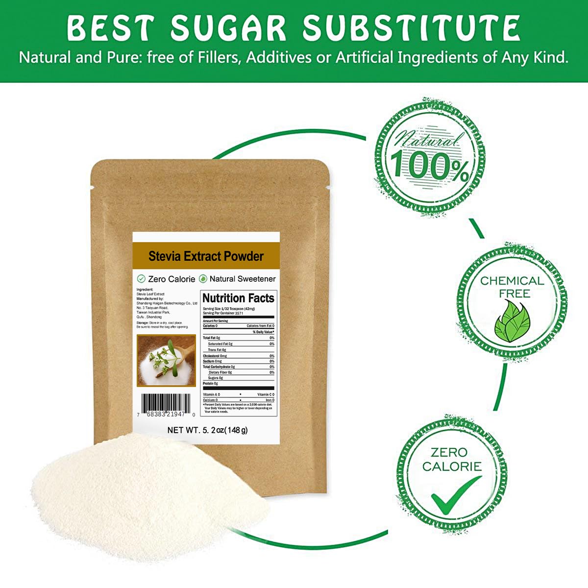 CCnature Stevia Powder 141g back view with ingredient details