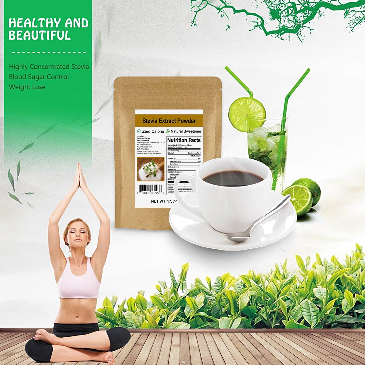 CCnature Stevia Powder being added to a cup of coffee