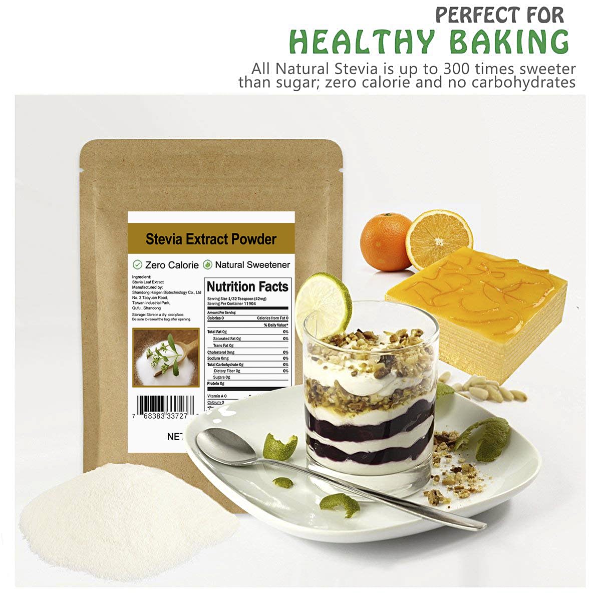 CCnature Stevia Powder in a kitchen setting with baking ingredients