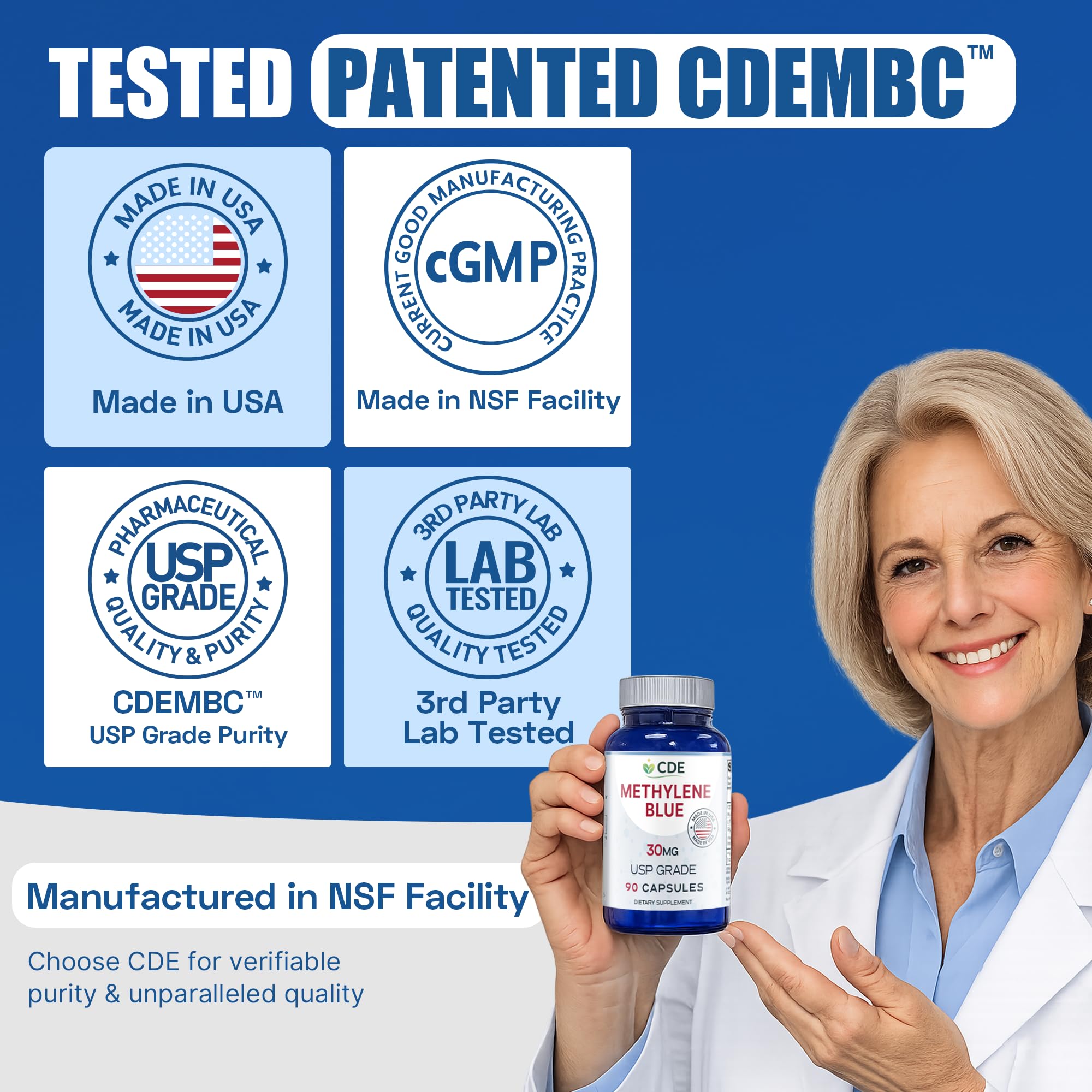 CDE CDEMBC Capsules 30mg bottle on a wooden table