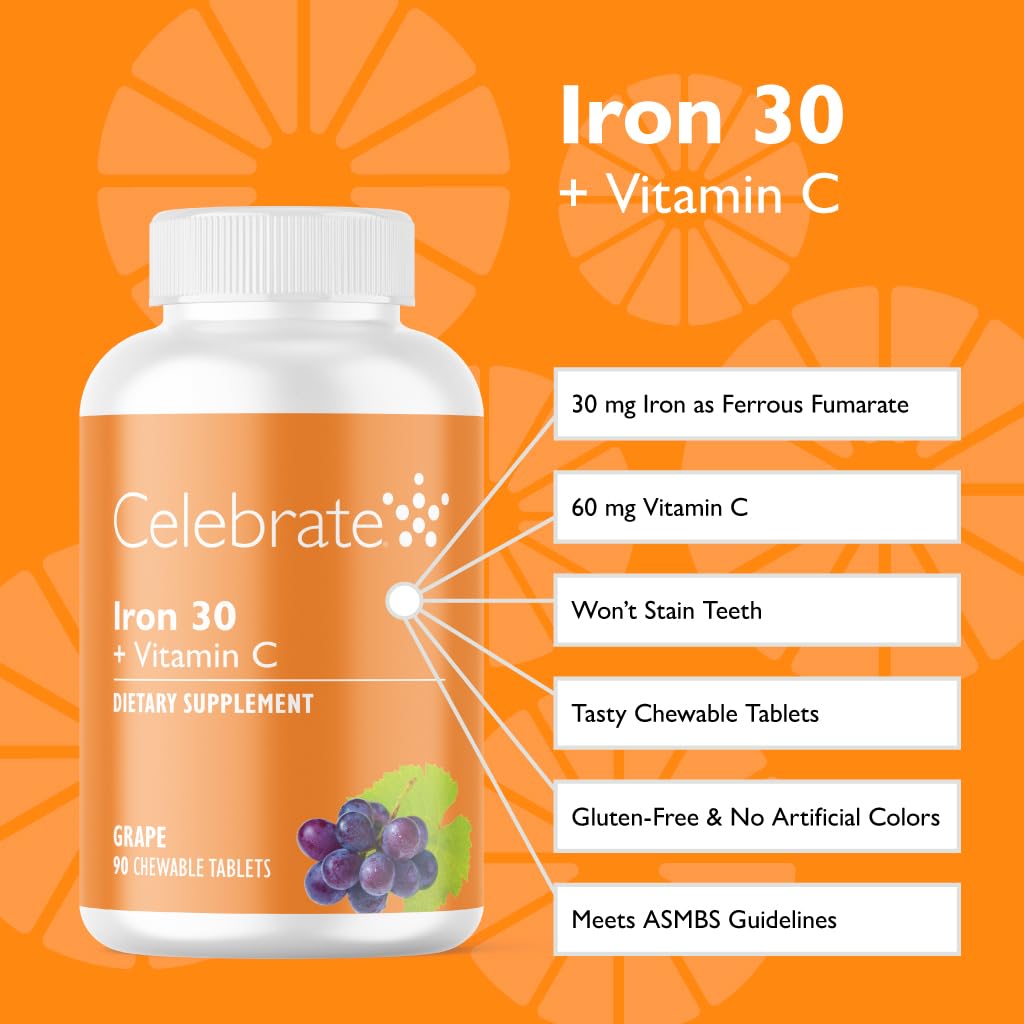 Celebrate Bariatric Iron 30mg supplement bottle with 60 chewable tablets