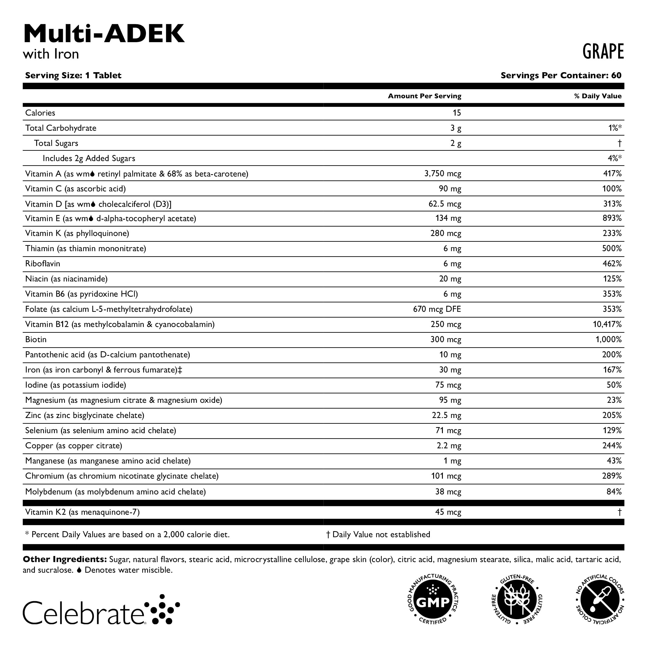 Celebrate Bariatric Multivitamin Chews nutritional information on the back