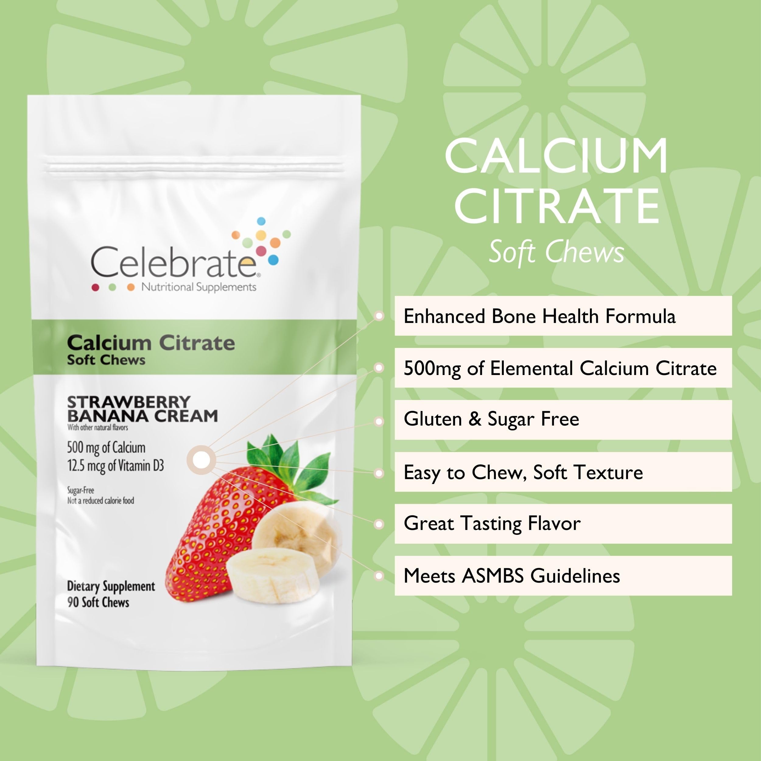Celebrate Calcium Chews packaging with strawberry banana cream flavour