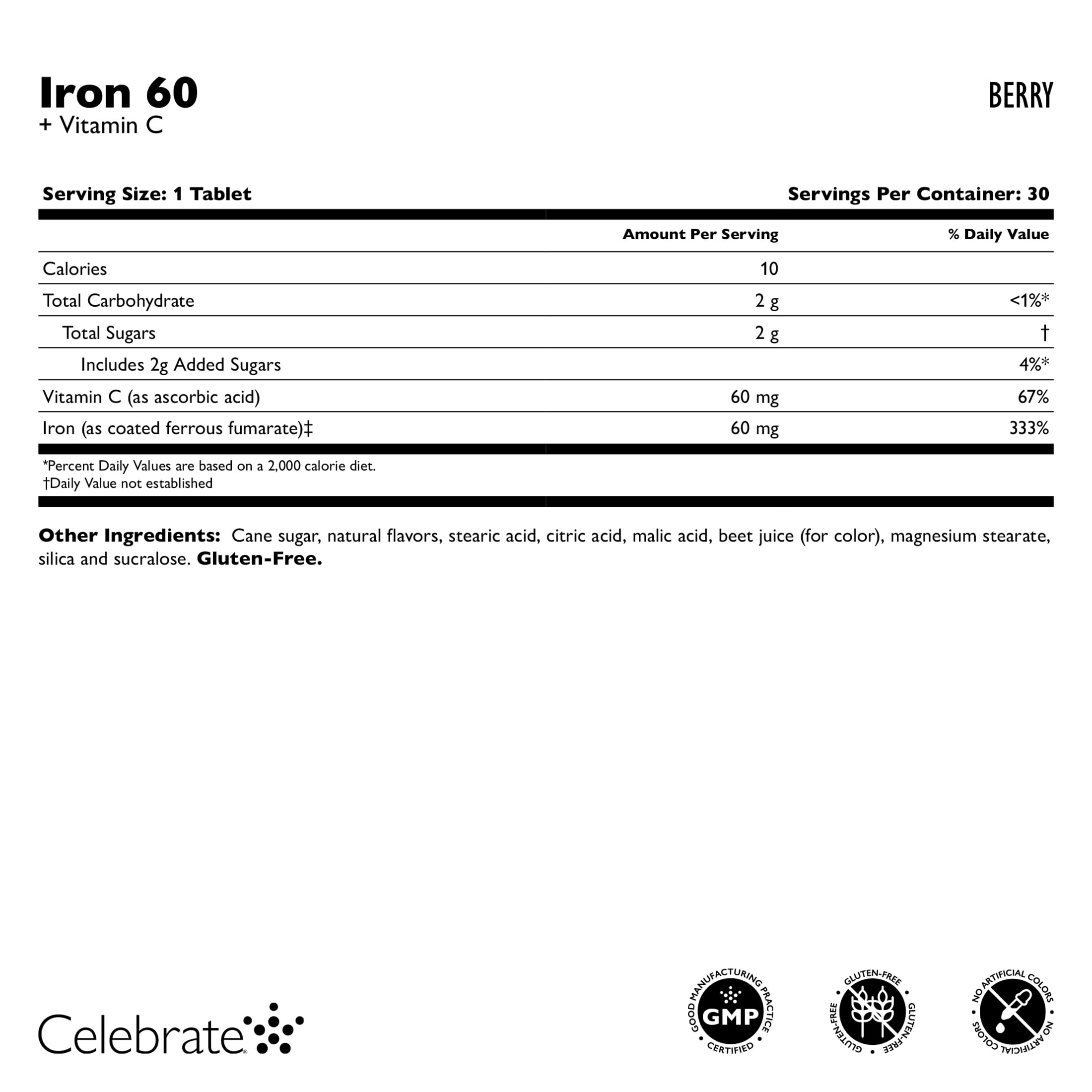 Celebrate Iron Chewable Tablets ingredients list on packaging