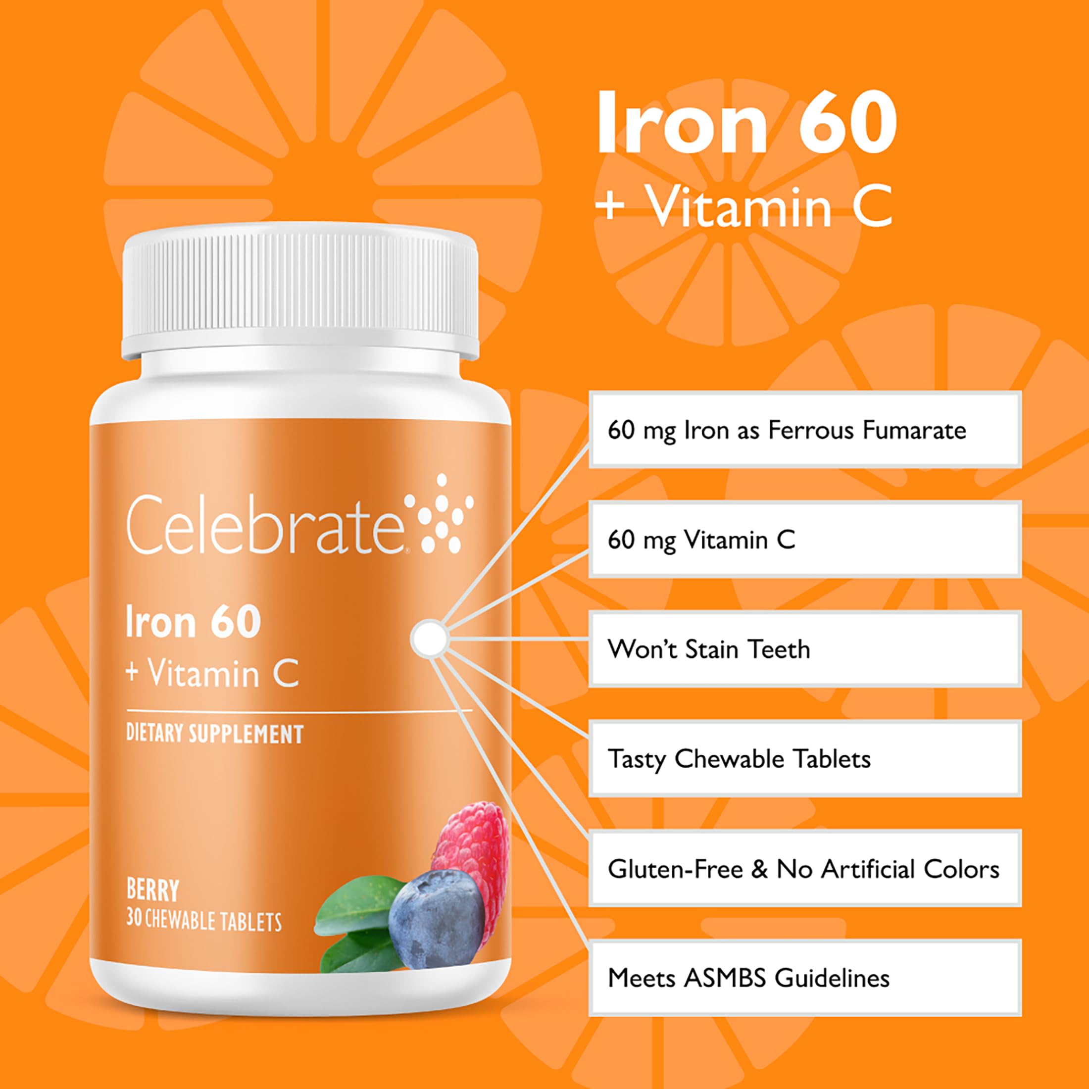 Celebrate Iron Chewable Tablets showing the chewable tablet size
