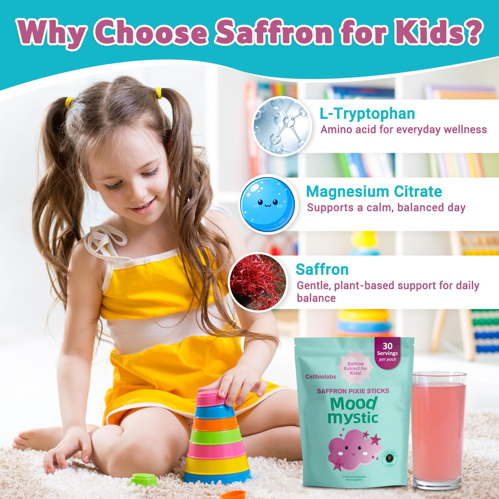 Cellbiolabs Saffron Pixie Sticks for Kids stick pack close-up