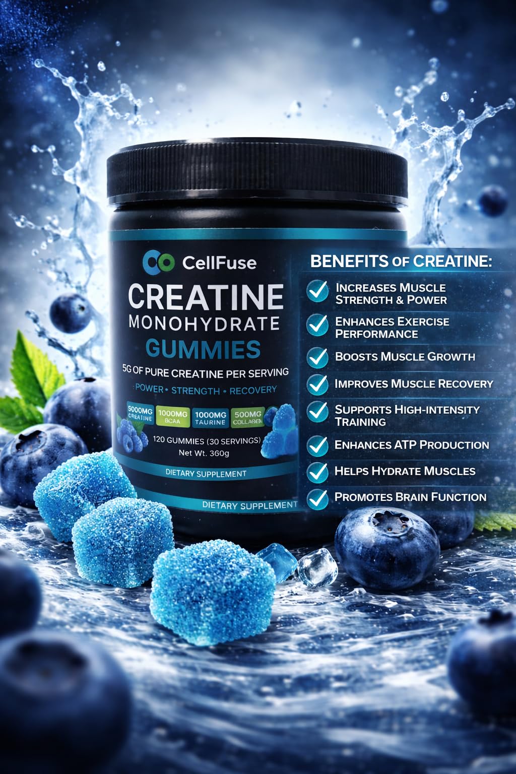 CellFuse Creatine Monohydrate+ Gummies blue raspberry flavour
