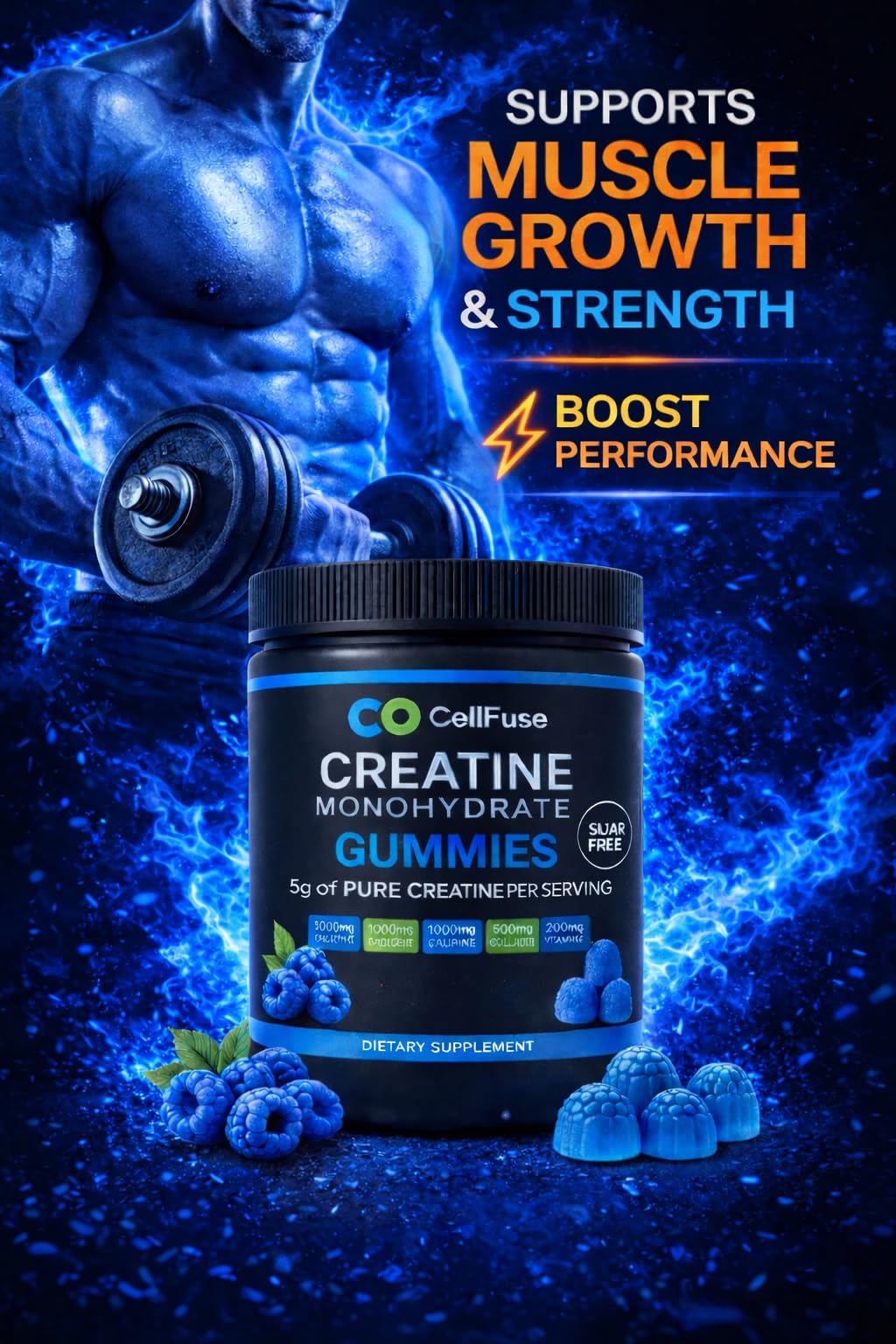 CellFuse Creatine Monohydrate+ Gummies with hand for size reference