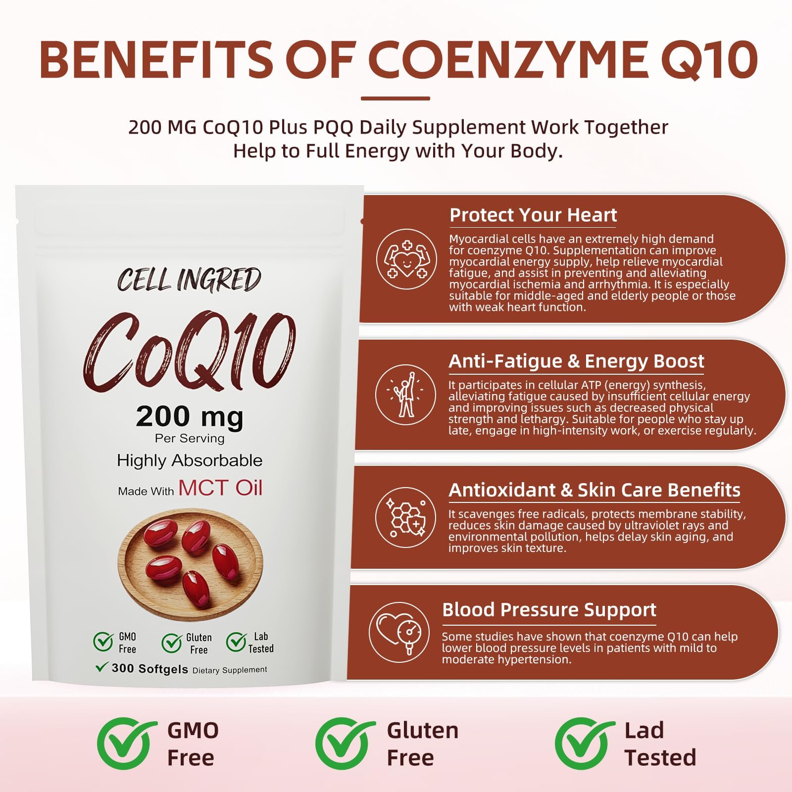 CellIngred CoQ10 softgels on a wooden table