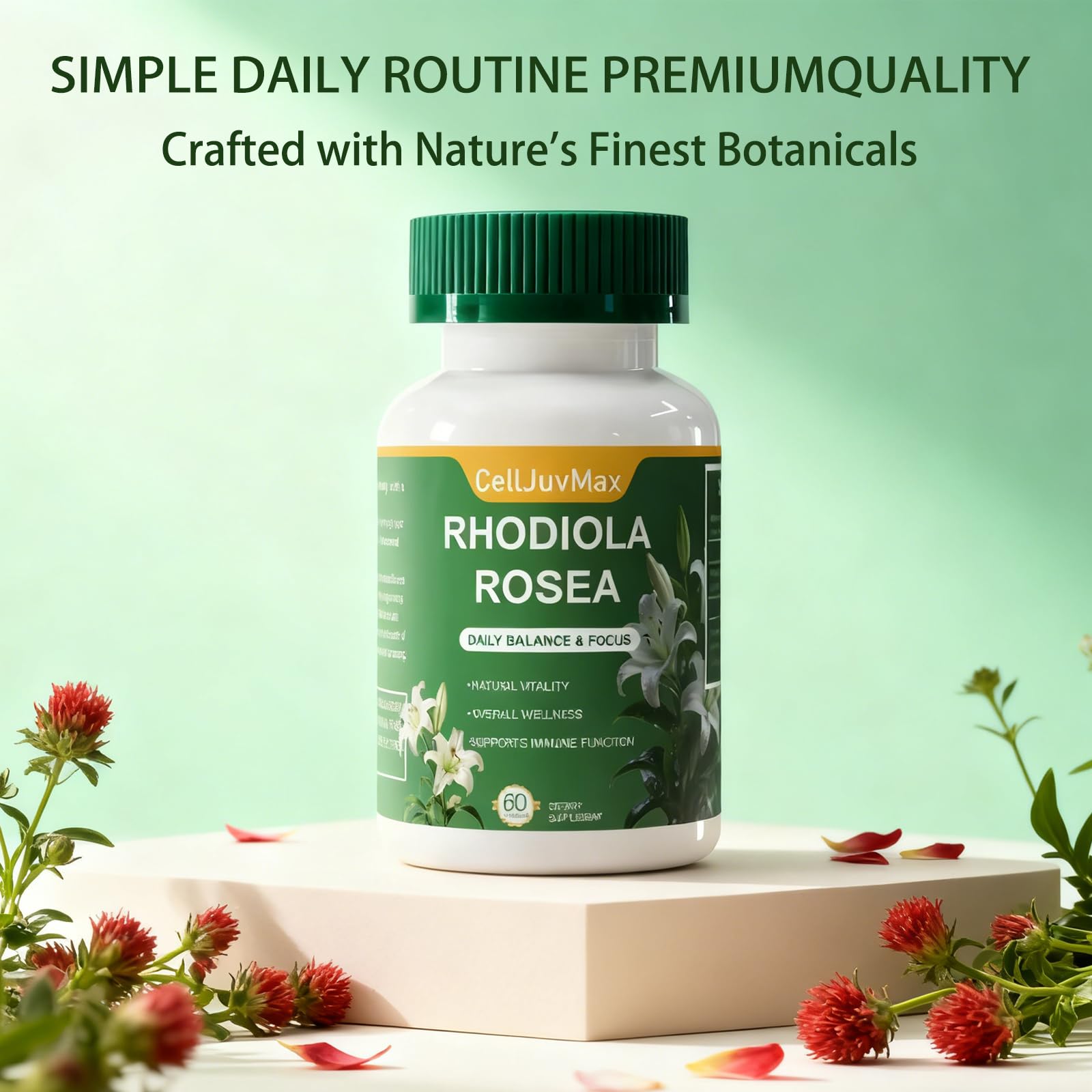 CellJuvMax Rhodiola Rosea Capsules back view with ingredients