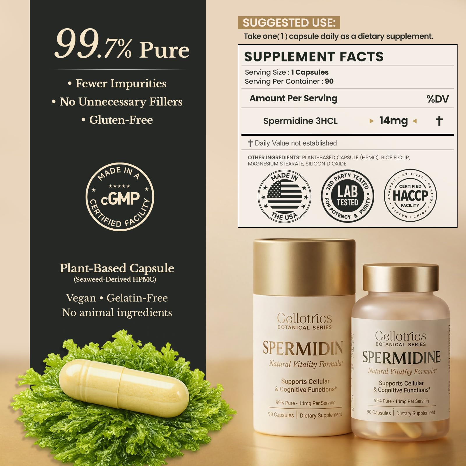 CELLOTRICS Spermidine 14mg 3HCl capsules showing seaweed capsule