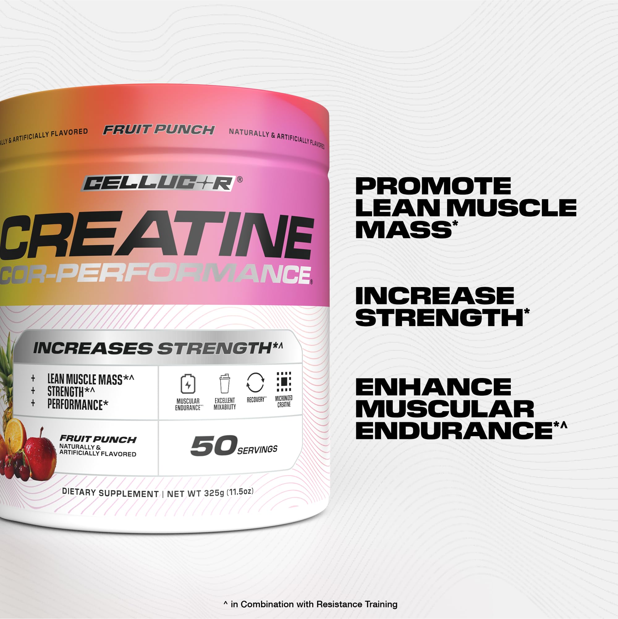 Cellucor COR-Performance Creatine 325g back view showing nutritional information