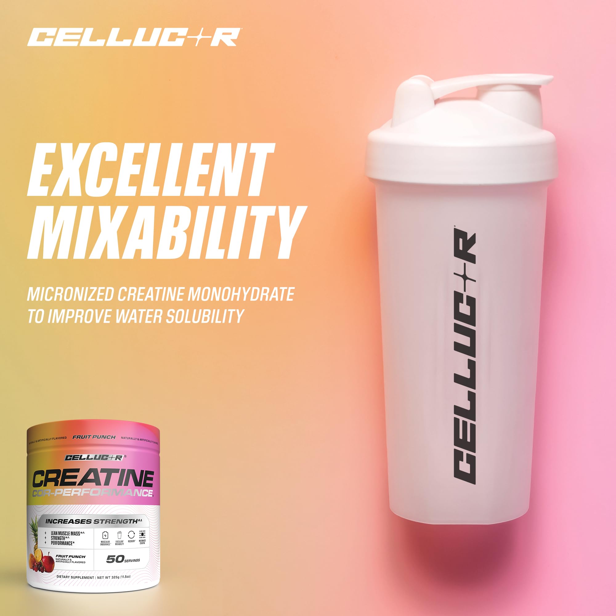 Cellucor COR-Performance Creatine 325g displayed with workout gear