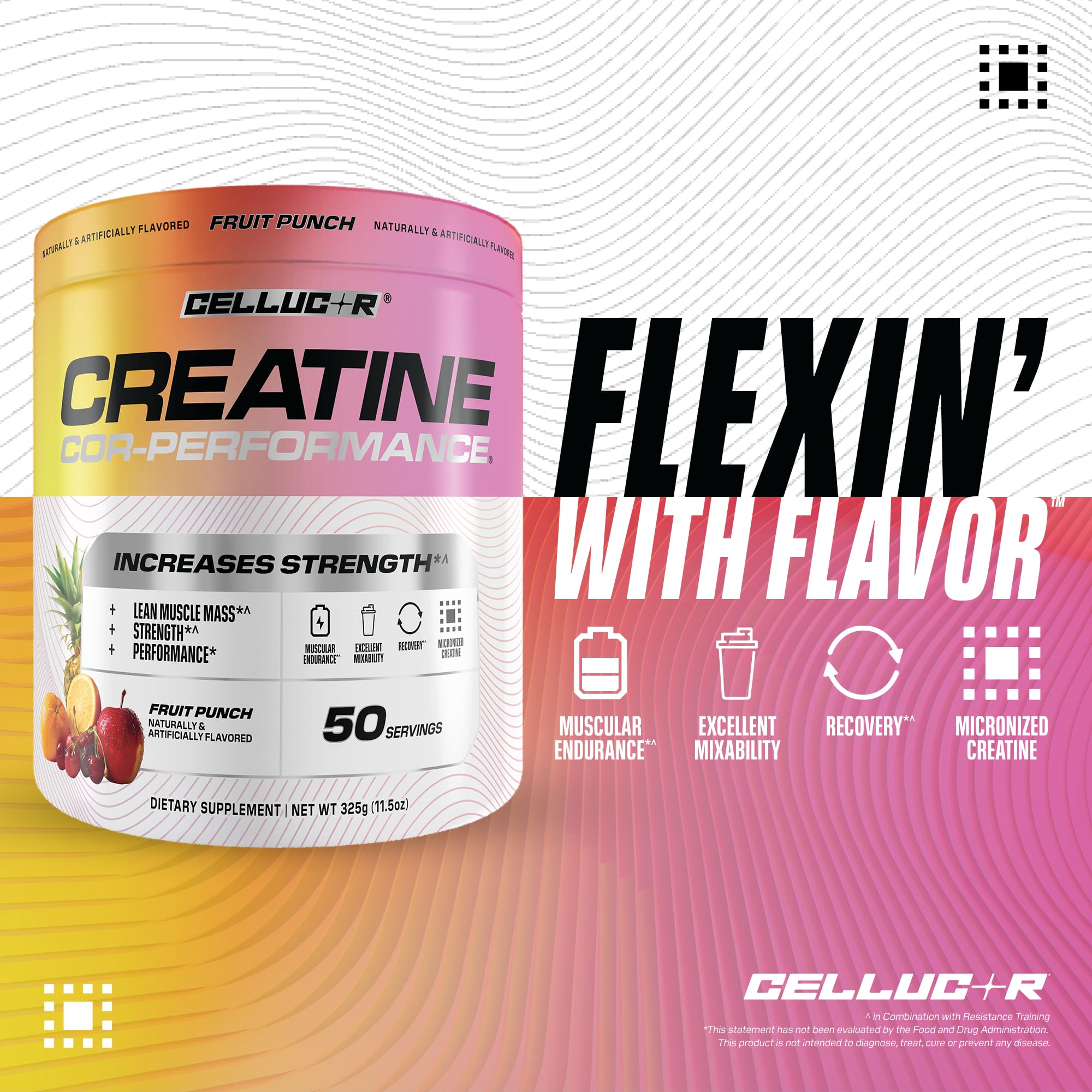 Cellucor COR-Performance Creatine 325g side view with scoop