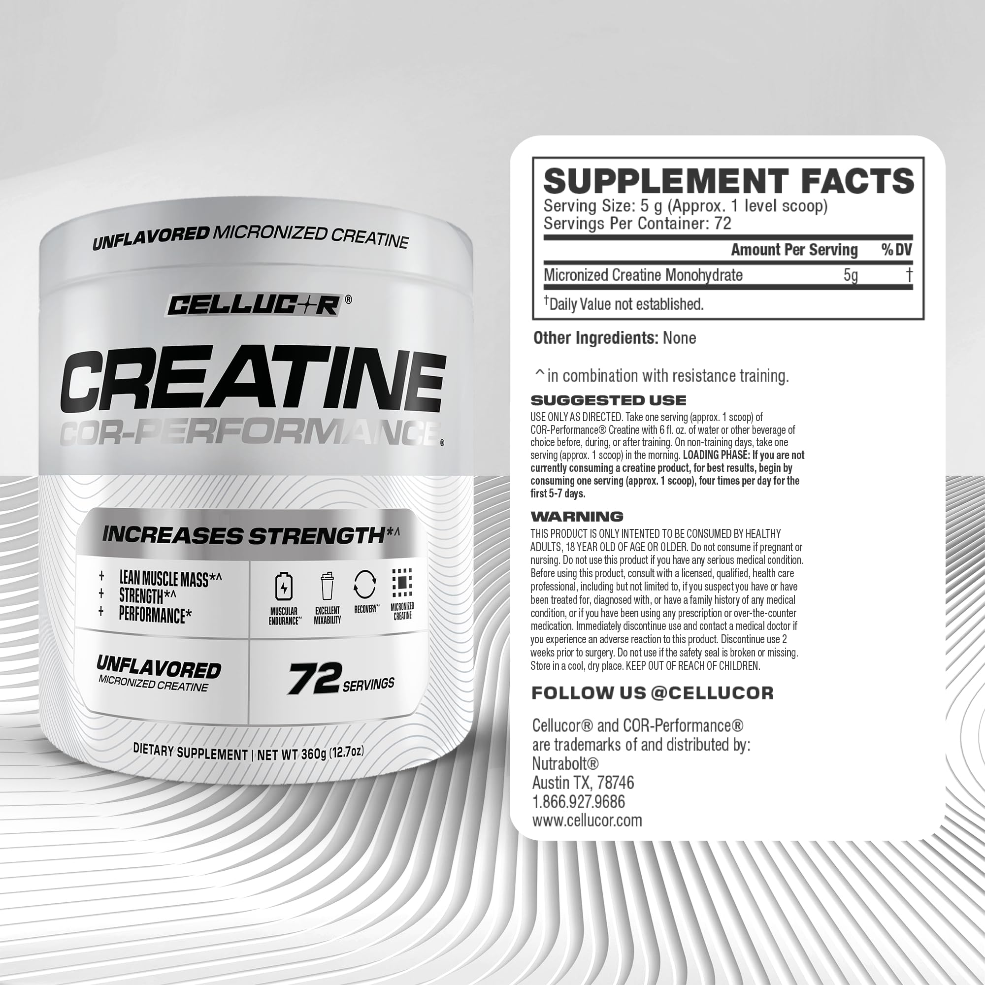Cellucor COR-Performance Creatine 360g with a shaker bottle