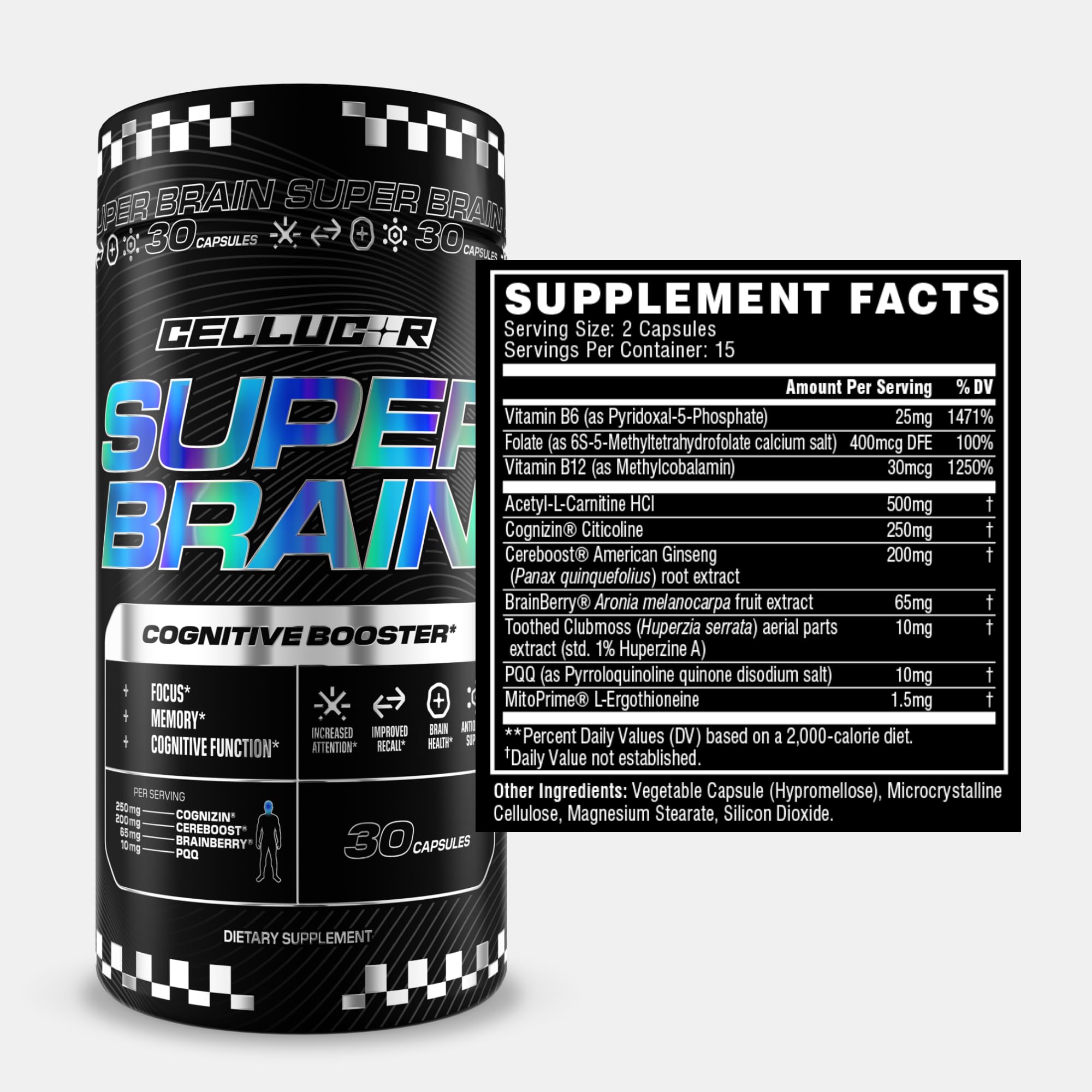 Cellucor Super Brain™ supplement side view with ingredients