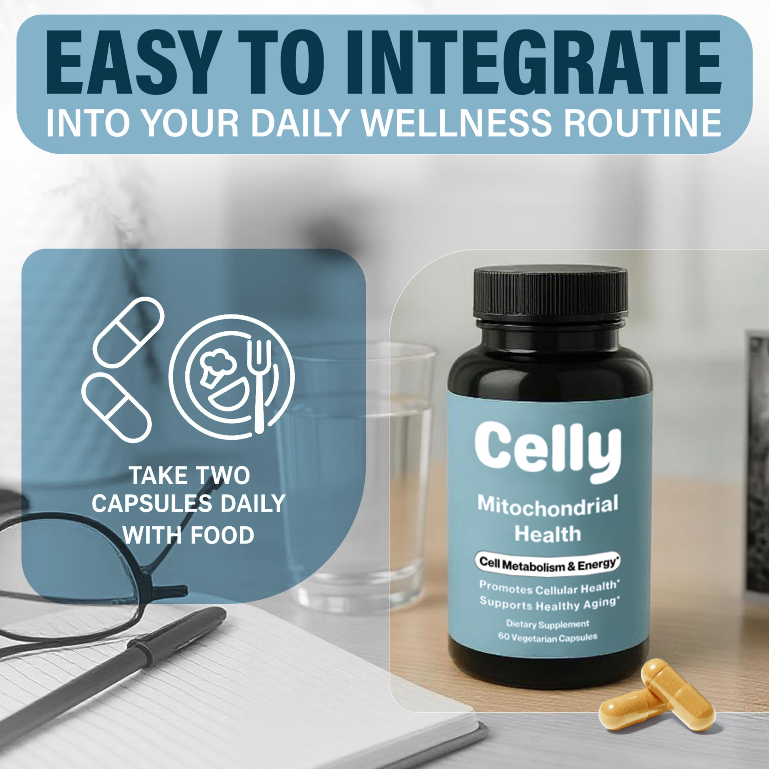 Celly CoQ10 bottle on a wooden table with natural light