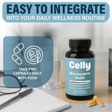 Celly CoQ10 bottle on a wooden table with natural light