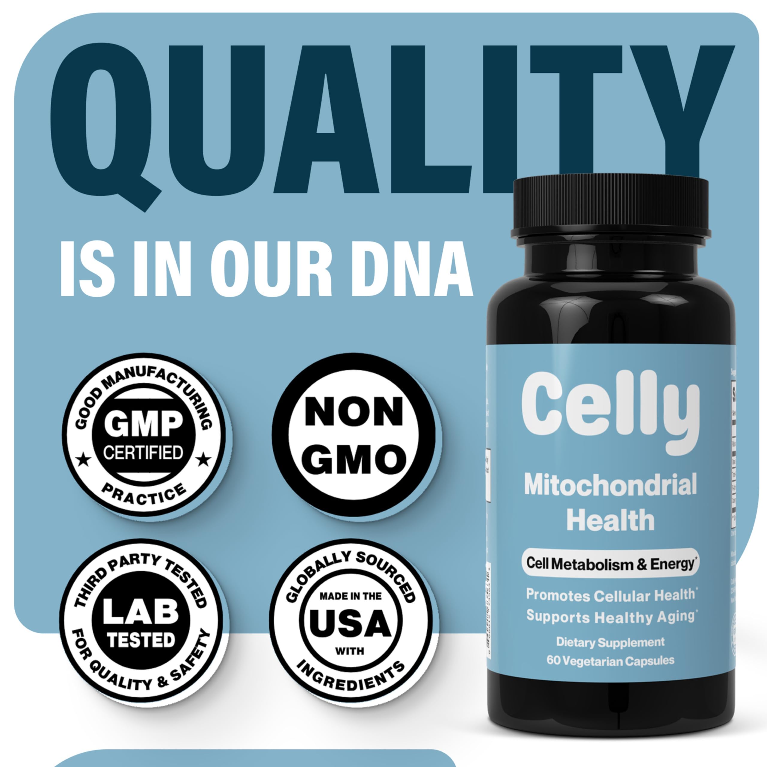 Celly CoQ10 bottle with a measuring spoon and capsules