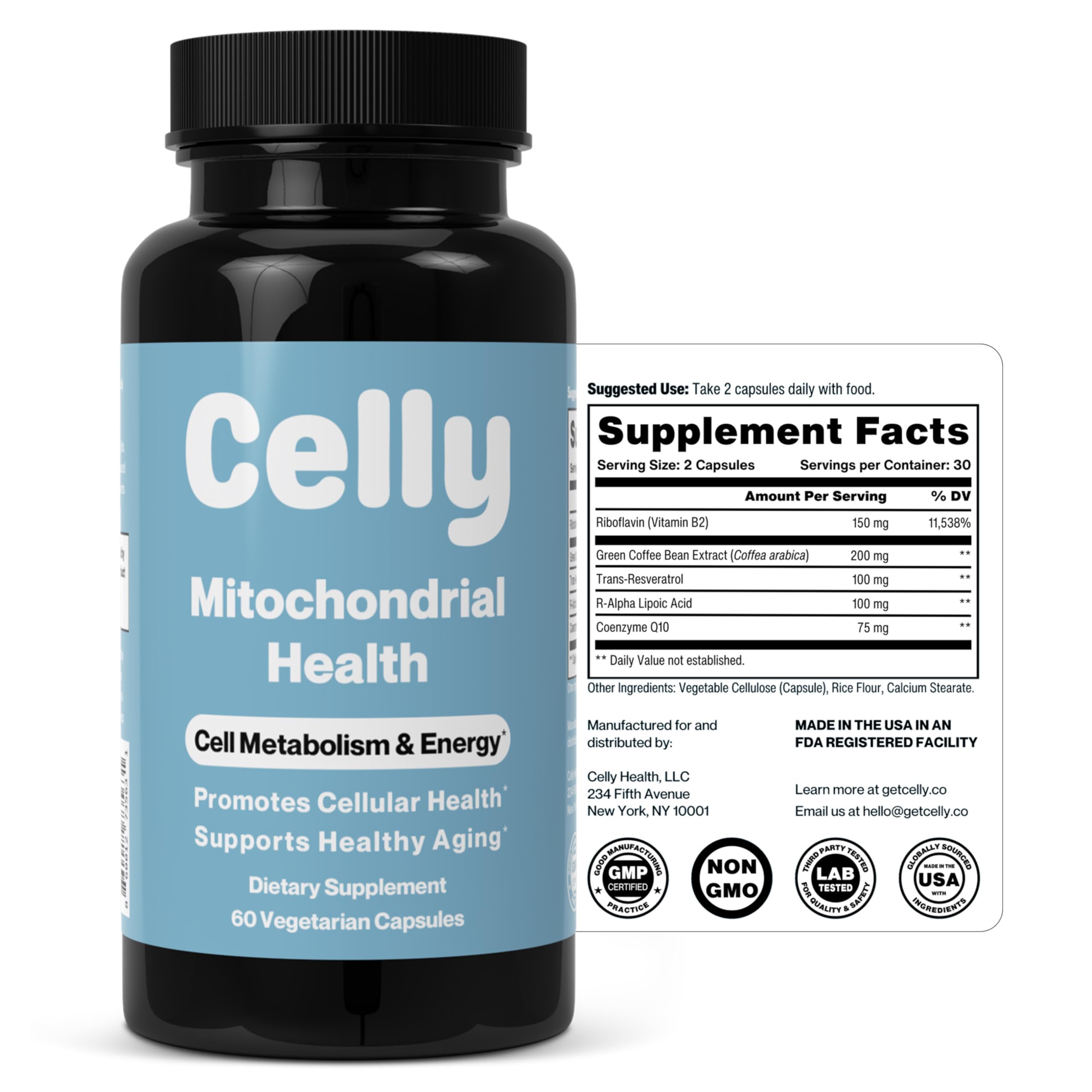 Celly CoQ10 supplement with green coffee beans and resveratrol