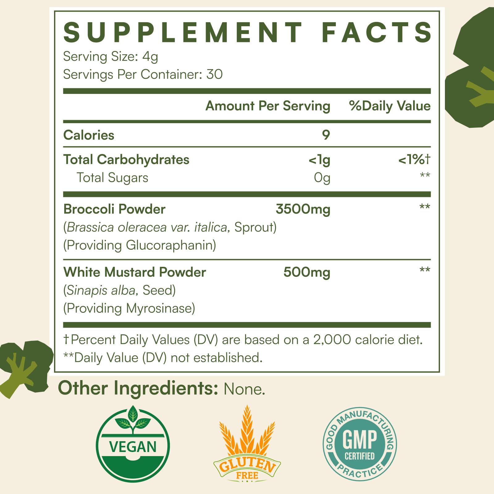 Cenffitio High Potency Sulforaphane Powder nutritional information on packaging