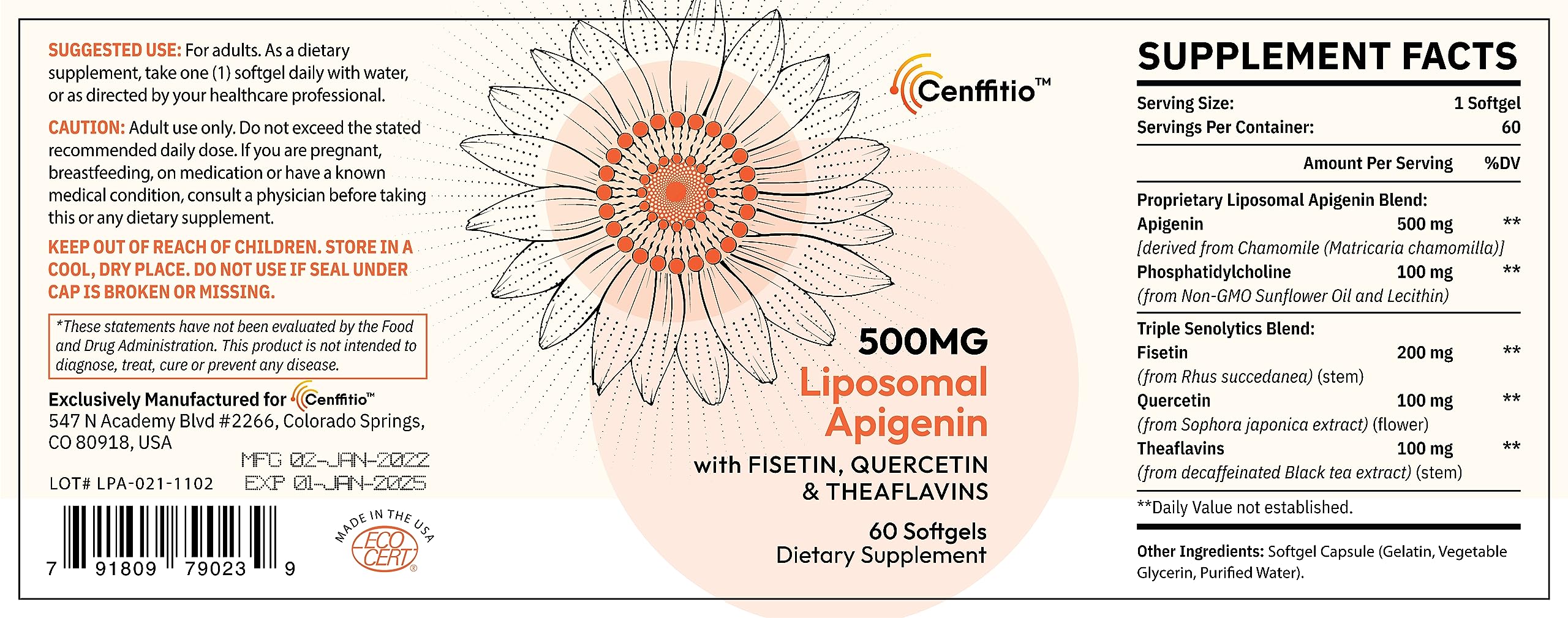 Cenffitio Liposomal Apigenin softgels on a wooden table
