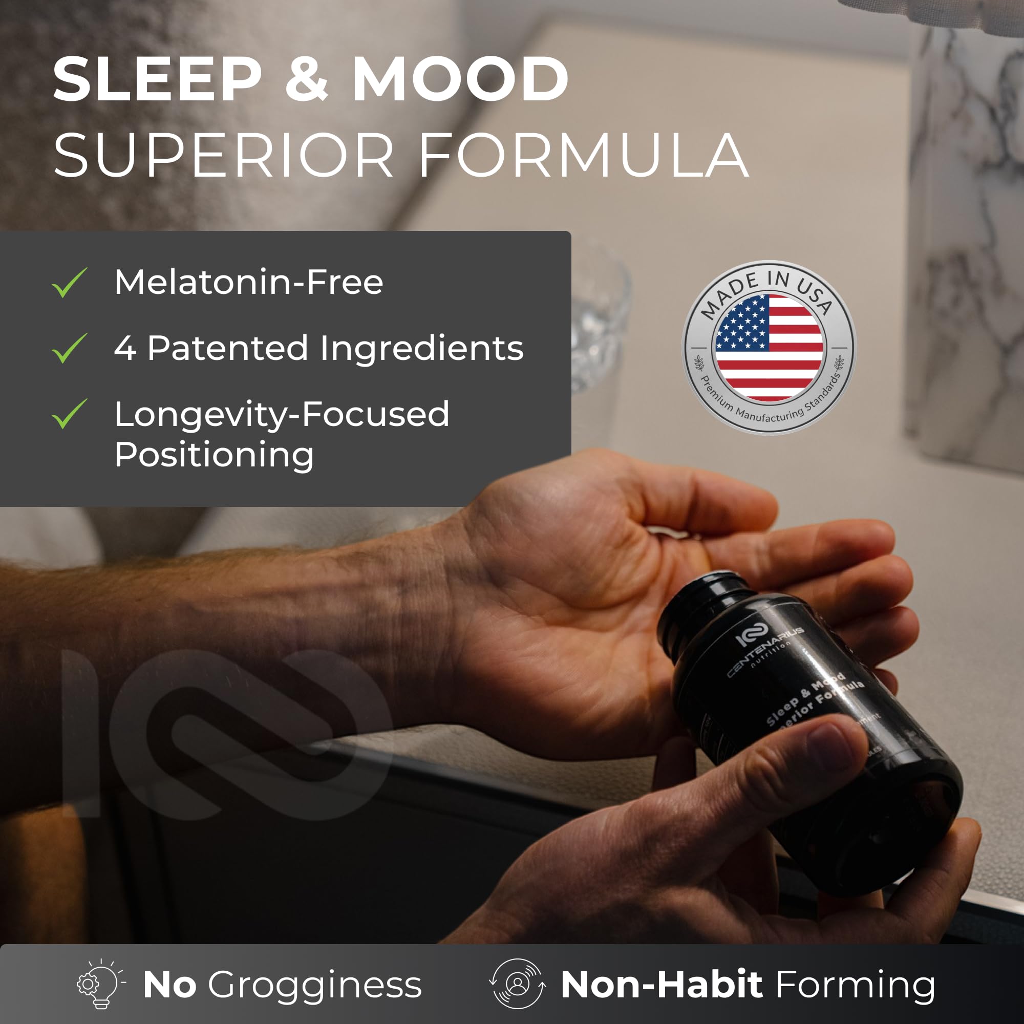 Centenarius Nutrition Sleep and Mood Formula capsules on a table
