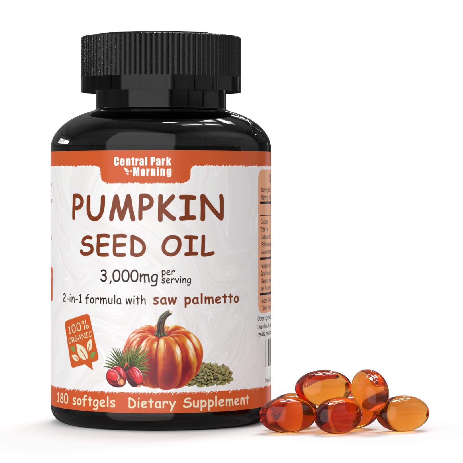 Central Park Morning Pumpkin Seed Oil & Saw Palmetto softgels front view