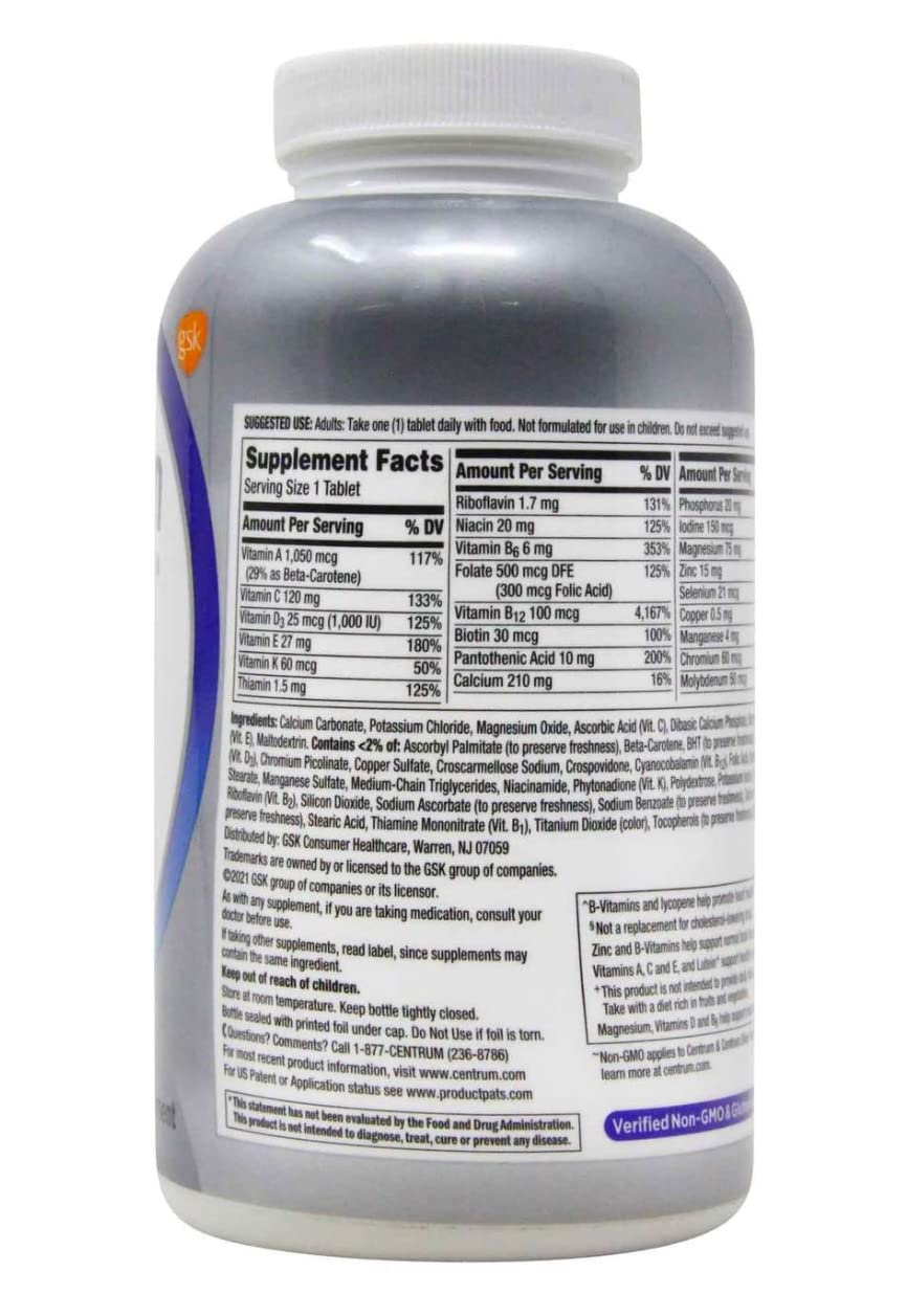 Centrum Men 50+ Multivitamin Tablets side view with dosage information