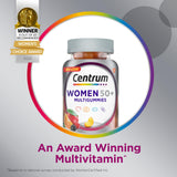 Centrum MultiGummies for Women 50 Plus gummies on a wooden table