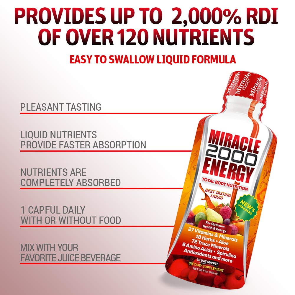 Century Systems Miracle 2000 liquid multivitamin in a glass with fruits